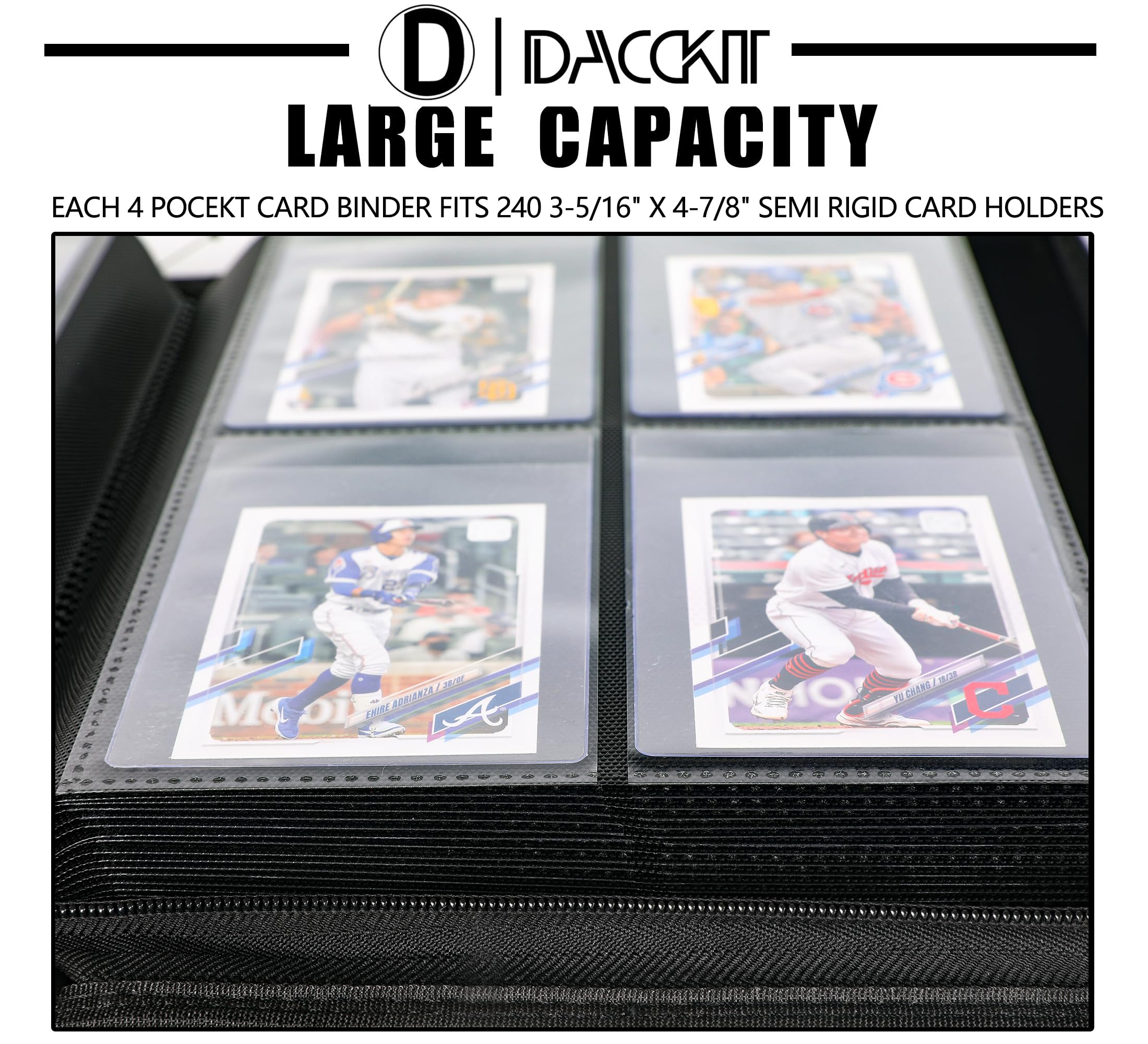D DACCKIT Raccoglitore semi rigido per carte – Adatto a 240 carte, raccoglitore premium senza anelli a 4 tasche compatibile per carte sportive e collezionabili
