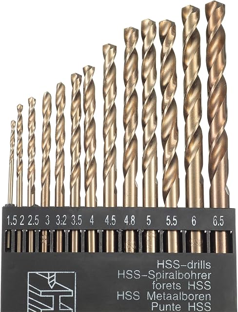 HPMAISON 13pcs M35 HSS Gold Cobalt Jobber Drill Bit Set, Metric High Speed Steel Twist Drill Bit Set 1.5mm-6.5mm Extremely Heat Resistant with Straight Shank for Stainless Steel, Metal, Wood & Plastic
