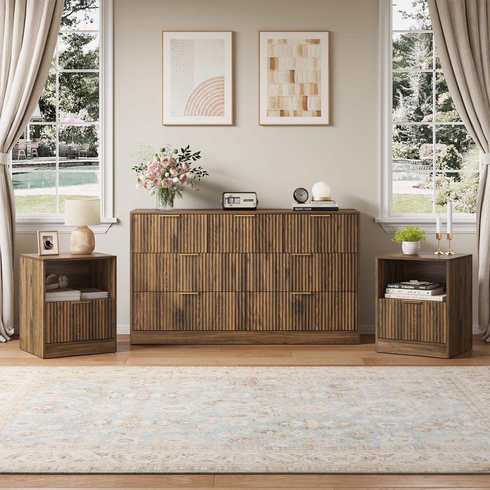 NOVAMAISON Fluted Dresser & Nightstand Set 3-Piece, 7 Drawer Dressers and Night Stand Set of 2 with Metal Handle, Fluted Mid Century Wood Chest of Drawers Storage Dressers Set for Bedroom