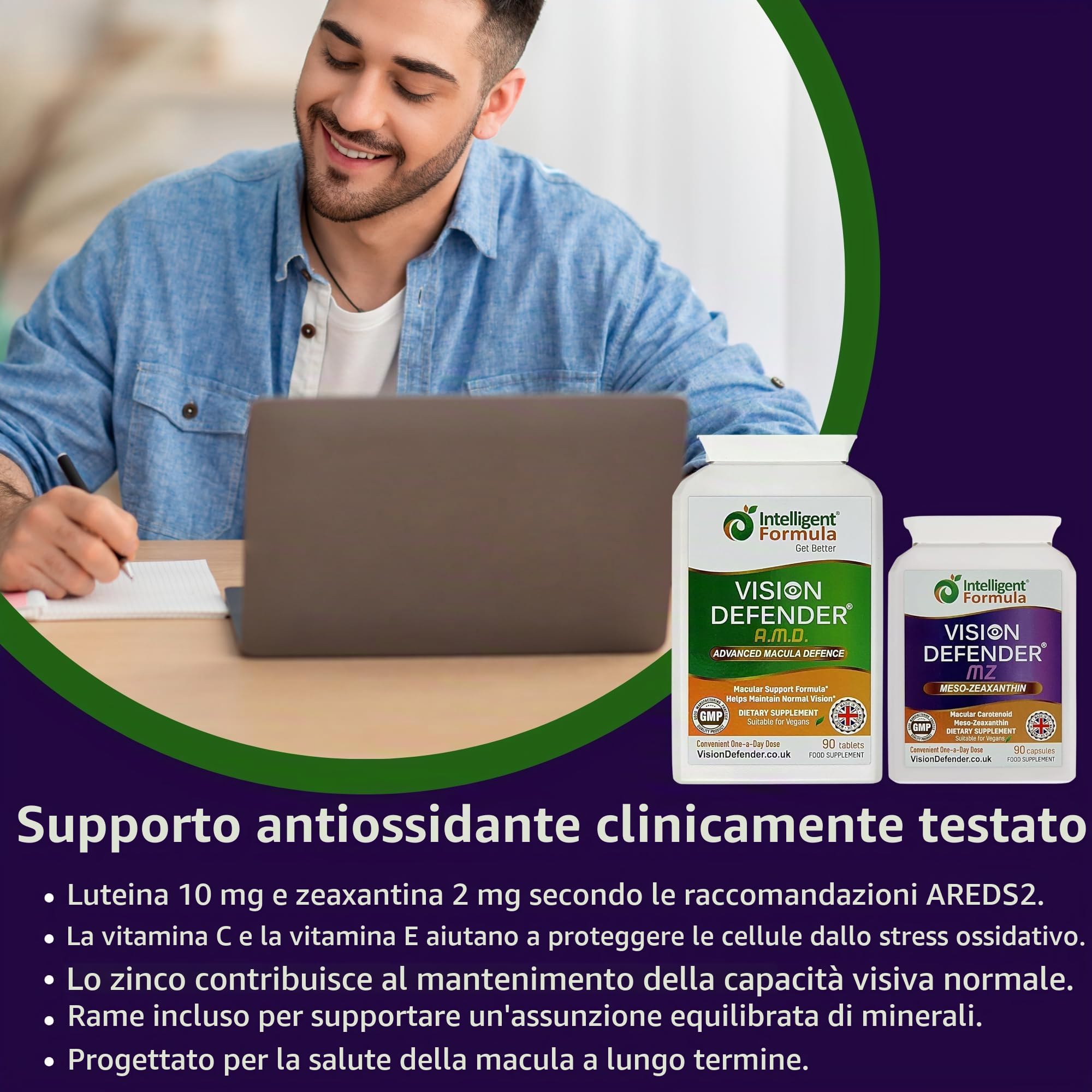 Vision Defender Advanced & MZ Bundle Benessere Oculare - Formula AREDS2 Luteina Zeaxantina Meso-Zeaxantina - Vitamine Occhi Vegane - 90 Giorni 180 Capsule - UK