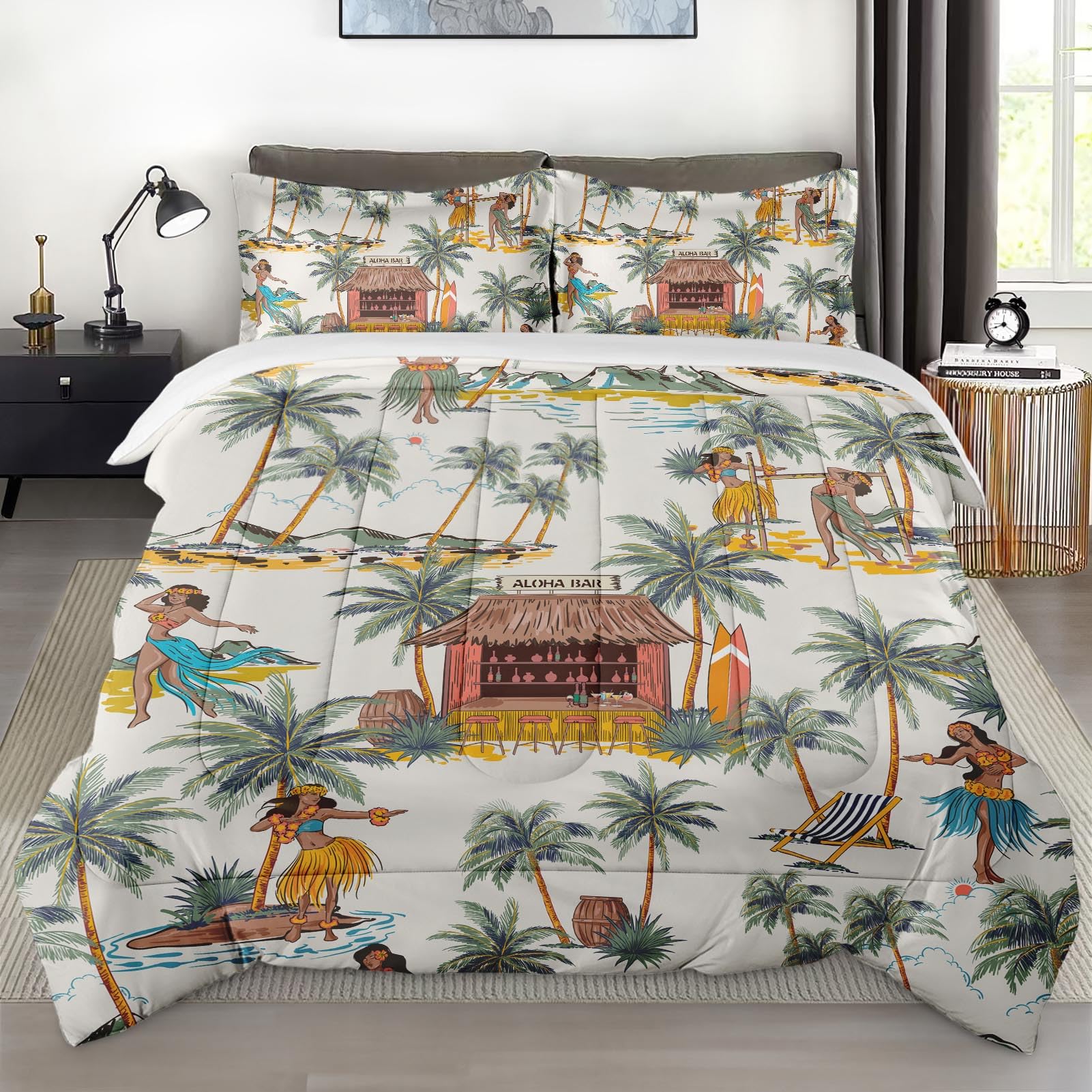 Comforter Set Queen Size, Summer Tropical Hawaii Soft 3 Pcs Bedding for Kids and Adults, Beach Hawaiian Palm Tree Leaf Comforter Set with 2 Pillowcases, for Bedroom Bed DecorOEKO-TEX STANDARD 100