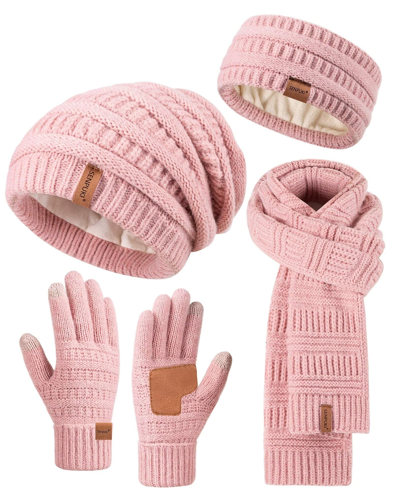 SENPUKIWomens Winter Beanie Hat Scarf Gloves Headband Set, Slouchy Beanie Ear Warmer Knit Scarf Touchscreen Gloves Warm 4 Gift Set