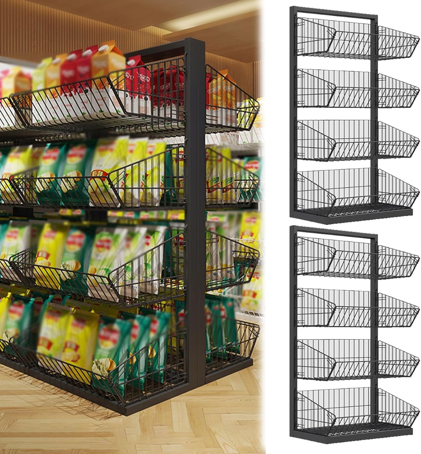 Retail Display Rack, Pack of 2 Commercial Fruit Vegetable Wire Basket Shelf 4-Tier Stackable With 10 Plastic Baskets 55.1 Inch