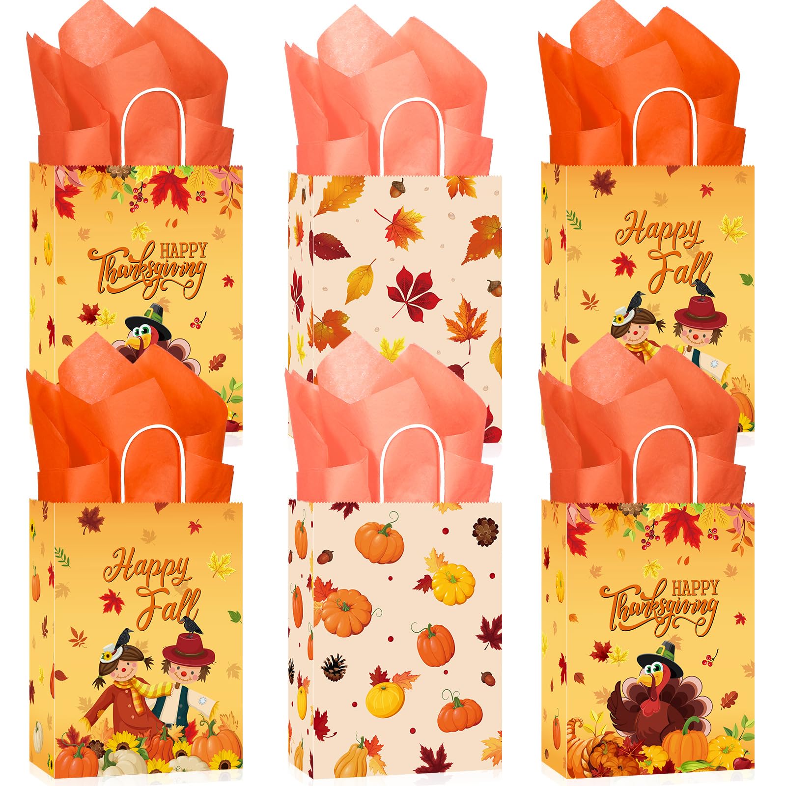 JarThenaAMCS 24 Stück Herbst-Geschenktüten Mit Griff – Rustikales Kürbis-Design, 15x21x7 Cm