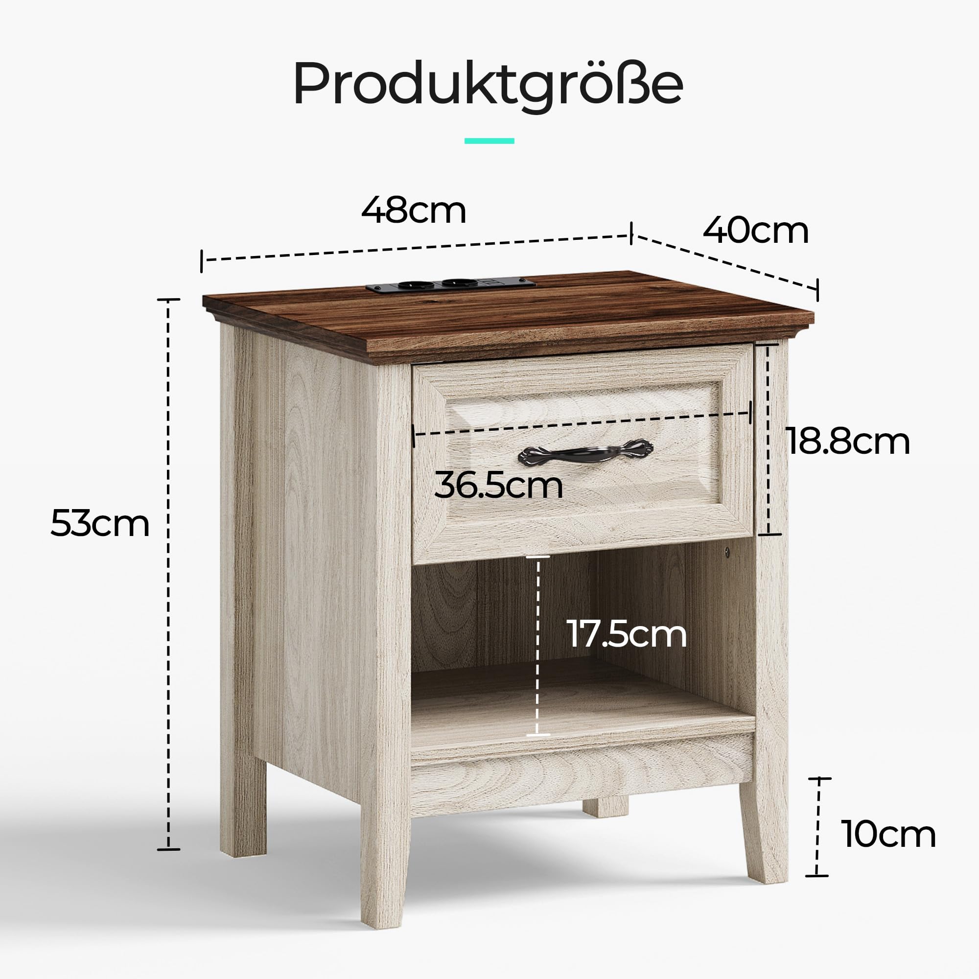 LINSY HOME Nachttisch 2er Set, Farmhouse Holz Nachttisch mit Open Storage Regal, Nachttische mit Steckdose, Beistelltisch Endtisch für Schlafzimmer Wohnzimmer Sofa Couch Büro 48 x 40 x 53 cm, Beige