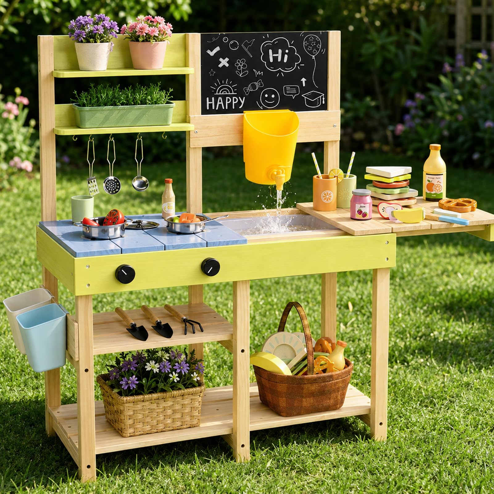 Dreamon Cucina Giocattolo per Bambini, Set da Cocinita de Madera in Legno per Bambini e Bambine dai 3 anni in su, Cucine di Fango per Bambini all'aperto, con Lavandino, Lavagna