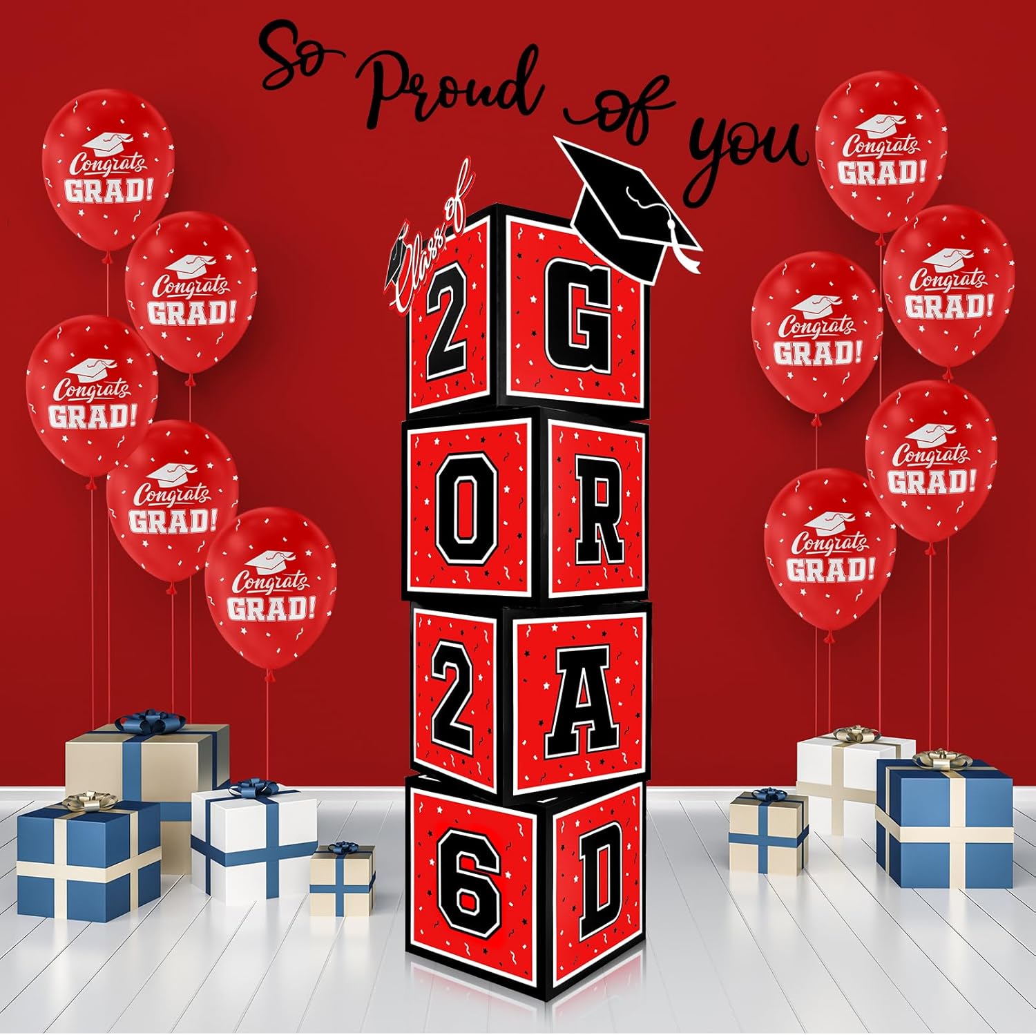 2026 Graduation Decorations Set - So Proud of You - Class of 2026 Balloon Boxes for Memorable Grad Party Supplies, Indoor/Outdoor Congrats Grad Home Door Décor Essentials（red and black）