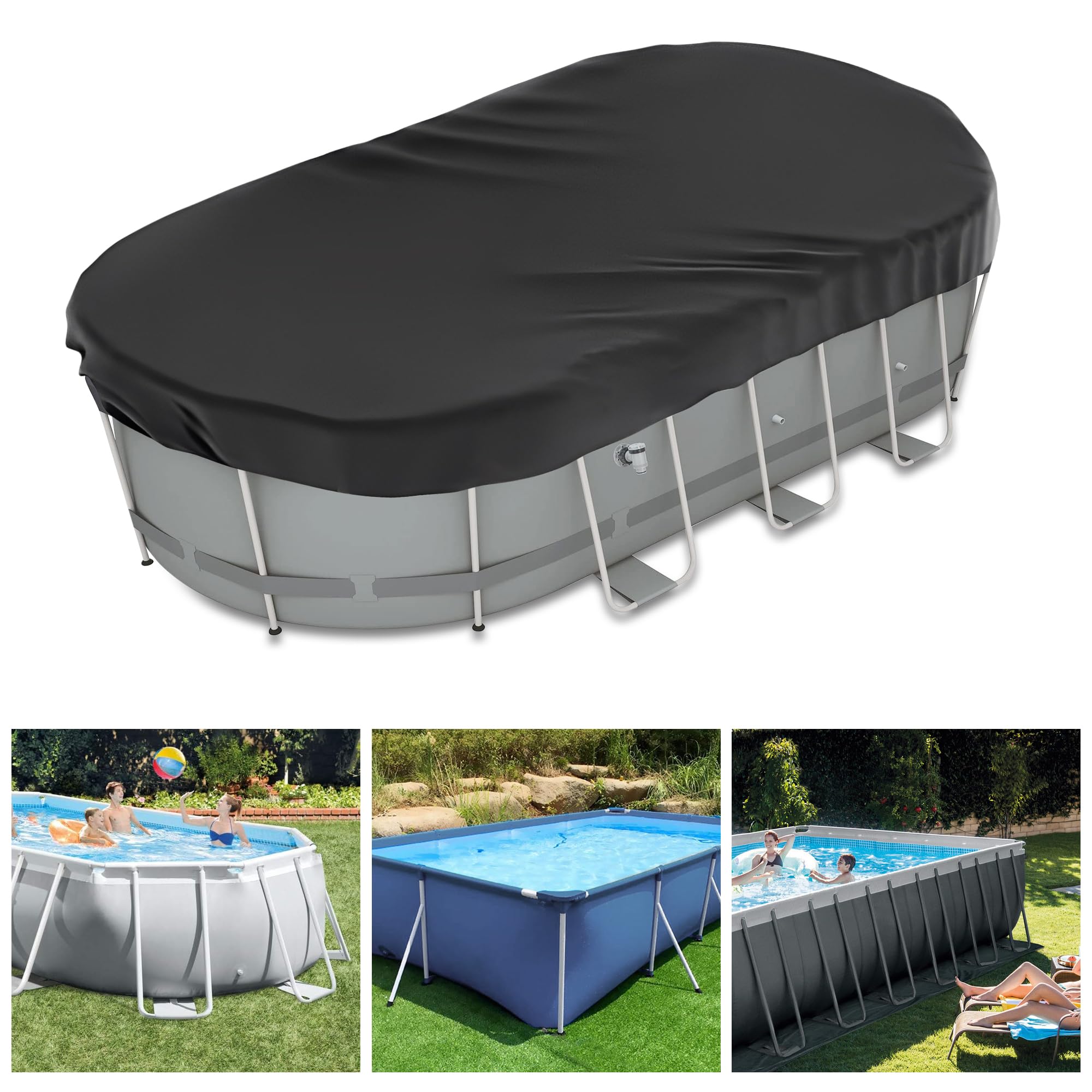 Cubierta de piscina ovalada 210D Oxford, resistente al desgarro, impermeable y a prueba de polvo, con cordón y clavos para estabilidad (274 x 549