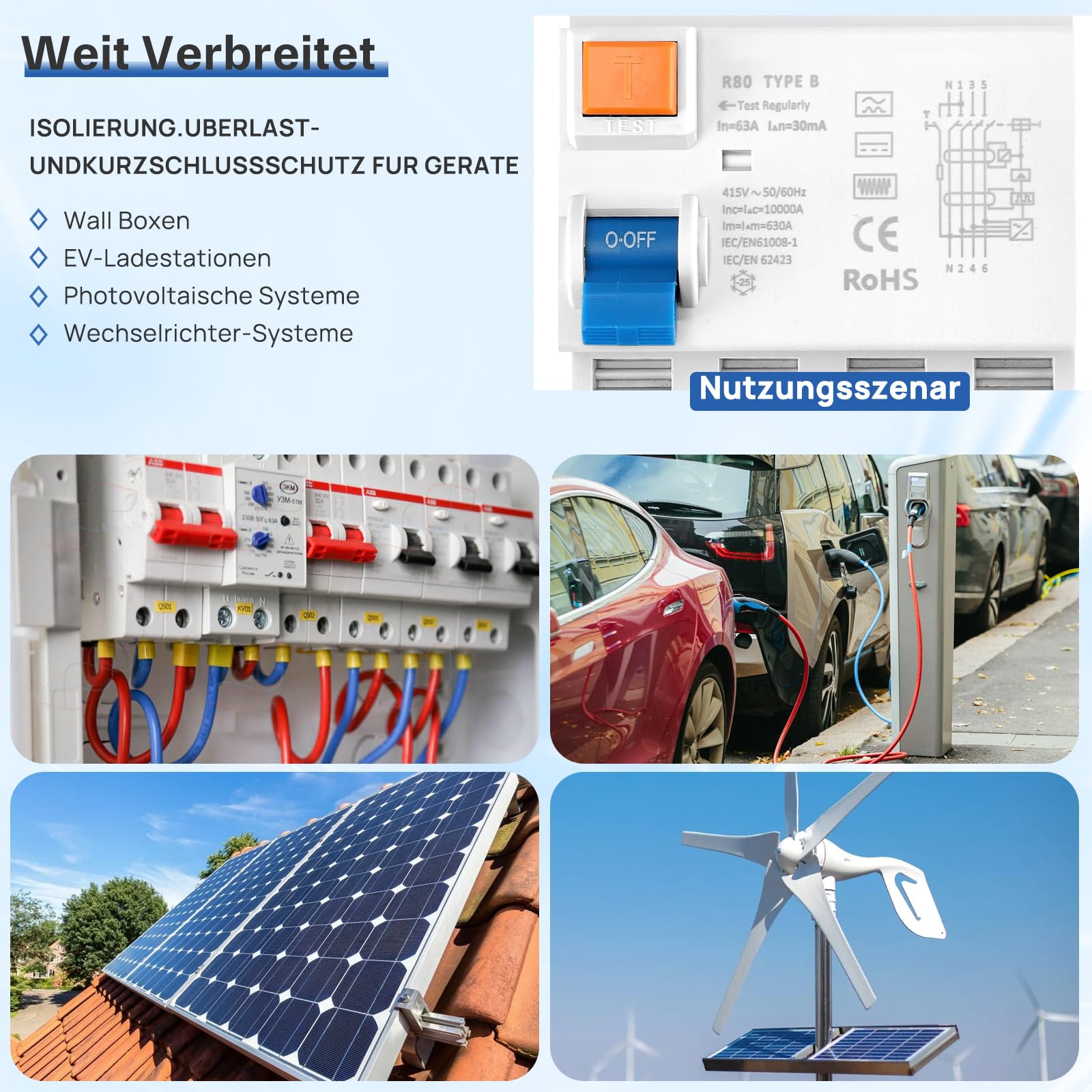FI Schutzschalter,FI Typ B 40A/63A 4 Polig 30mA Allstromsensitiv RCD für Wallbox Ladestation Photovoltaik Wechselrichter DIN Hutschiene mit DC Fehlerschutz EN61008 (63A)