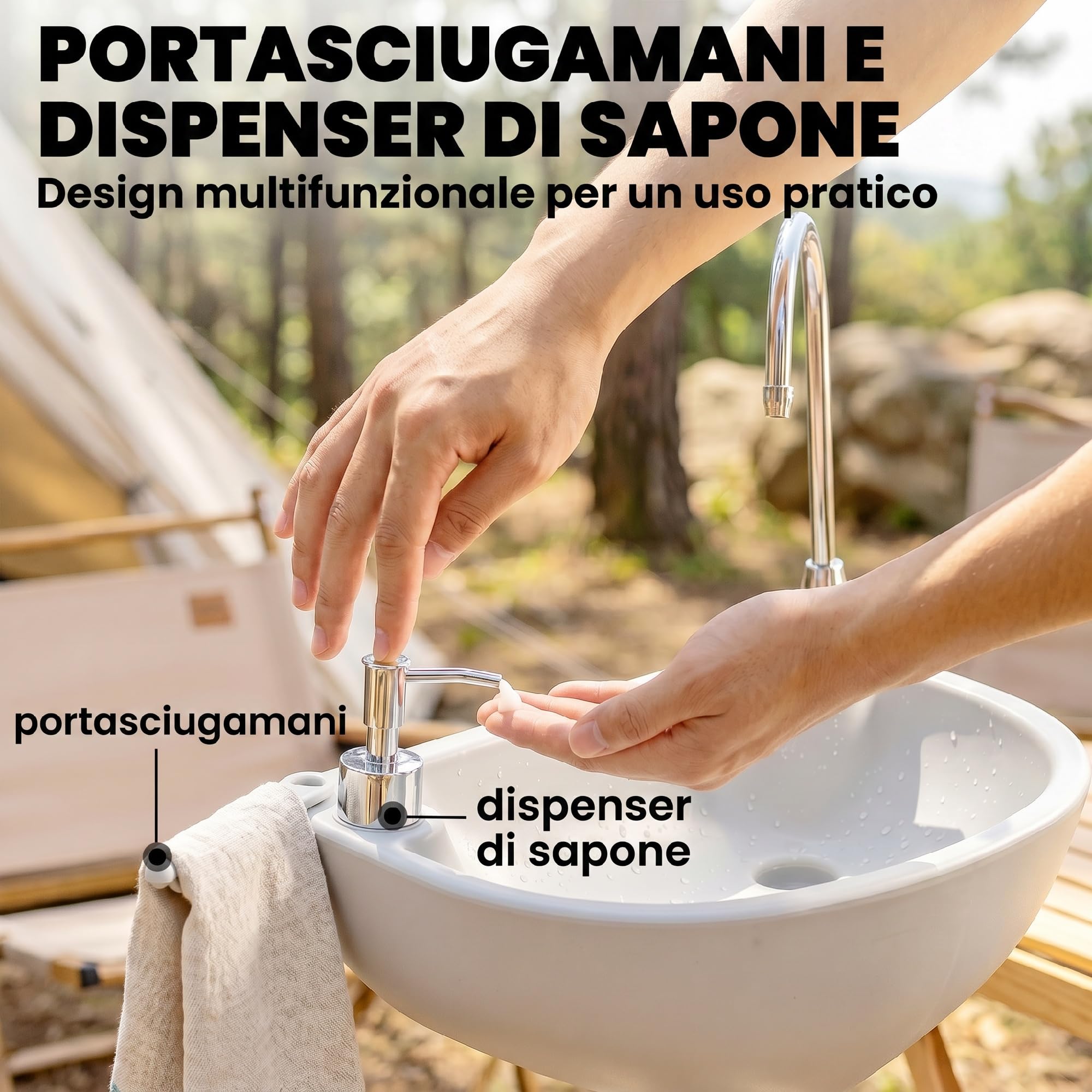 Outsunny Lavabo Portatile da Campeggio con 2 Ruote, Maniglia, Serbatoio Acqua 17L e Serbatoio Sapone 3.5L, 51x33.5x103cm
