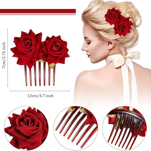 Miniatura 2 de 4 pinzas para el pelo de rosas grandes, broches florales de flores mexicanas, accesorios para el cabello para mujer, bailarina flamenca, novia,