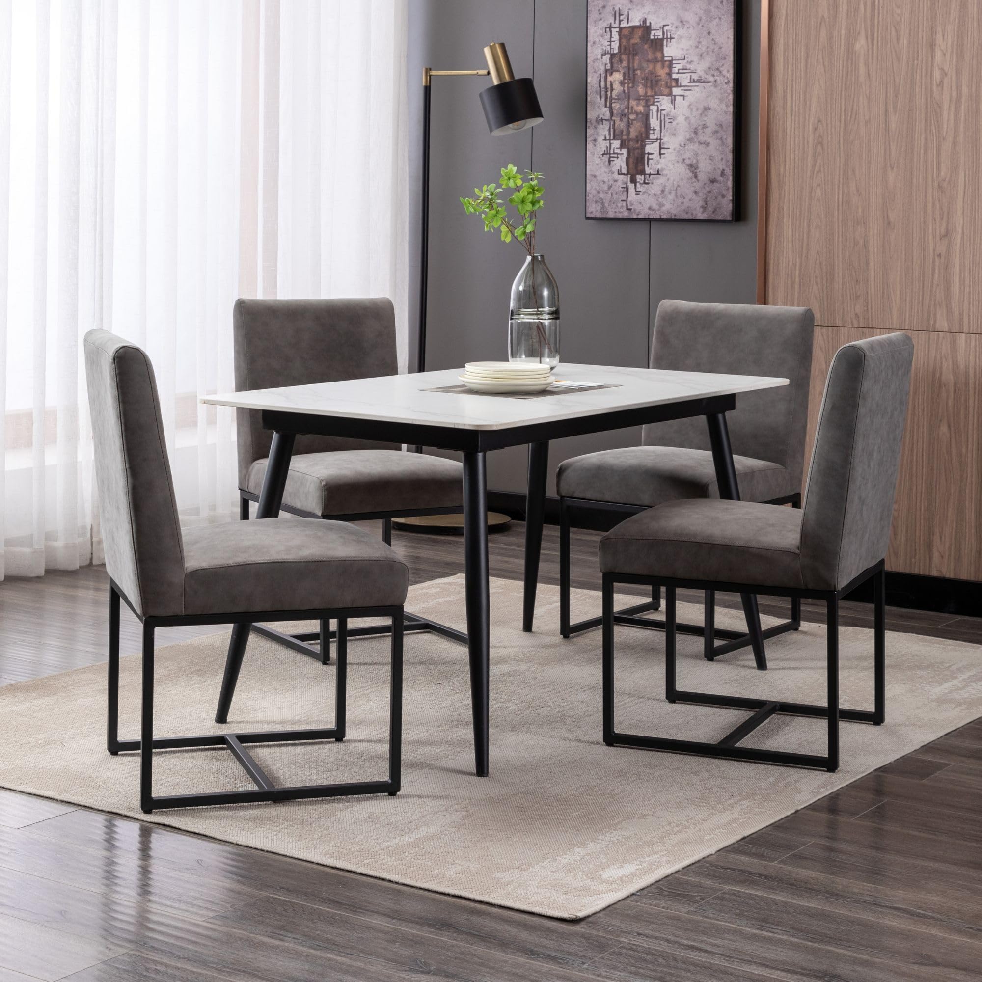 modern dining chairs set of 4, pu leather upholstered kitchen & dining room chairs with gold metal frame armless mid century side kitchen chair sillas de comedor, grey