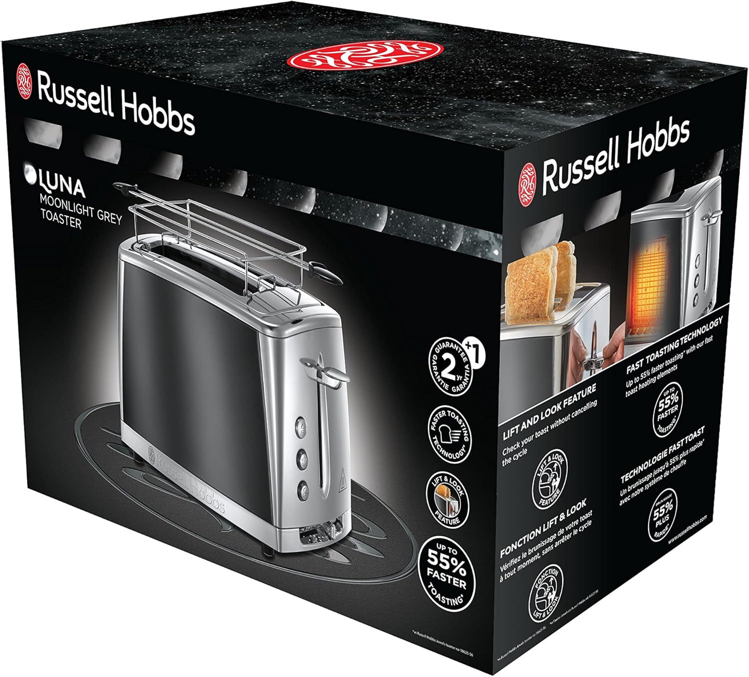 Russell Hobbs Luna Moonlight Grey Toaster Grey, Extra Wide Slots, Extra Fast, Easy Cleanable, Stainless Steel, 23221-56