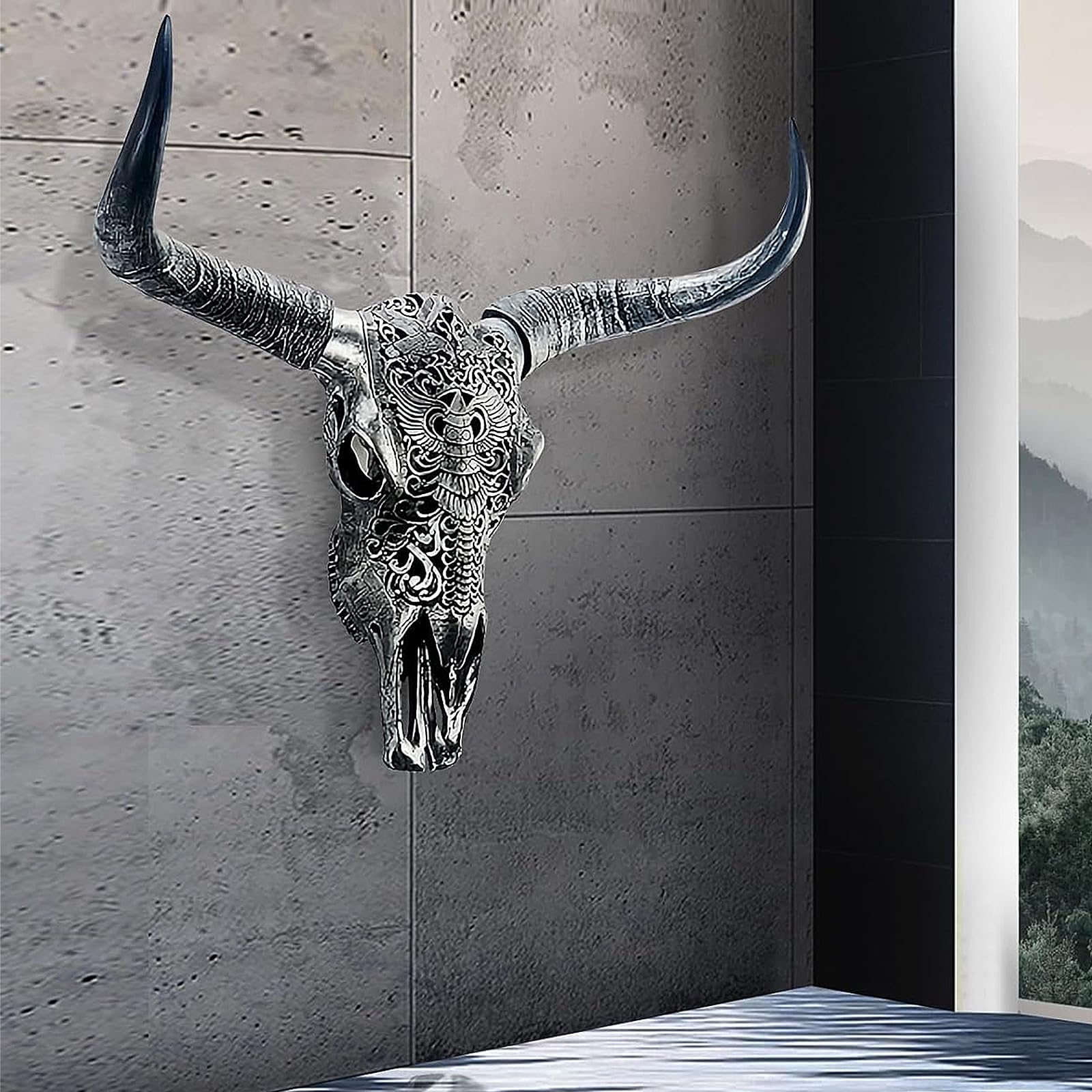 Cow Skull Wall Decor,Long Horn Cow Skull Wall Hanging,Cow Skull Wall Hanging Decor,Faux Taxidermy Head Wall Decor,Simulation Large Bull's Head Boho Style,Decor Wall Sculpture for Home Office (Black)