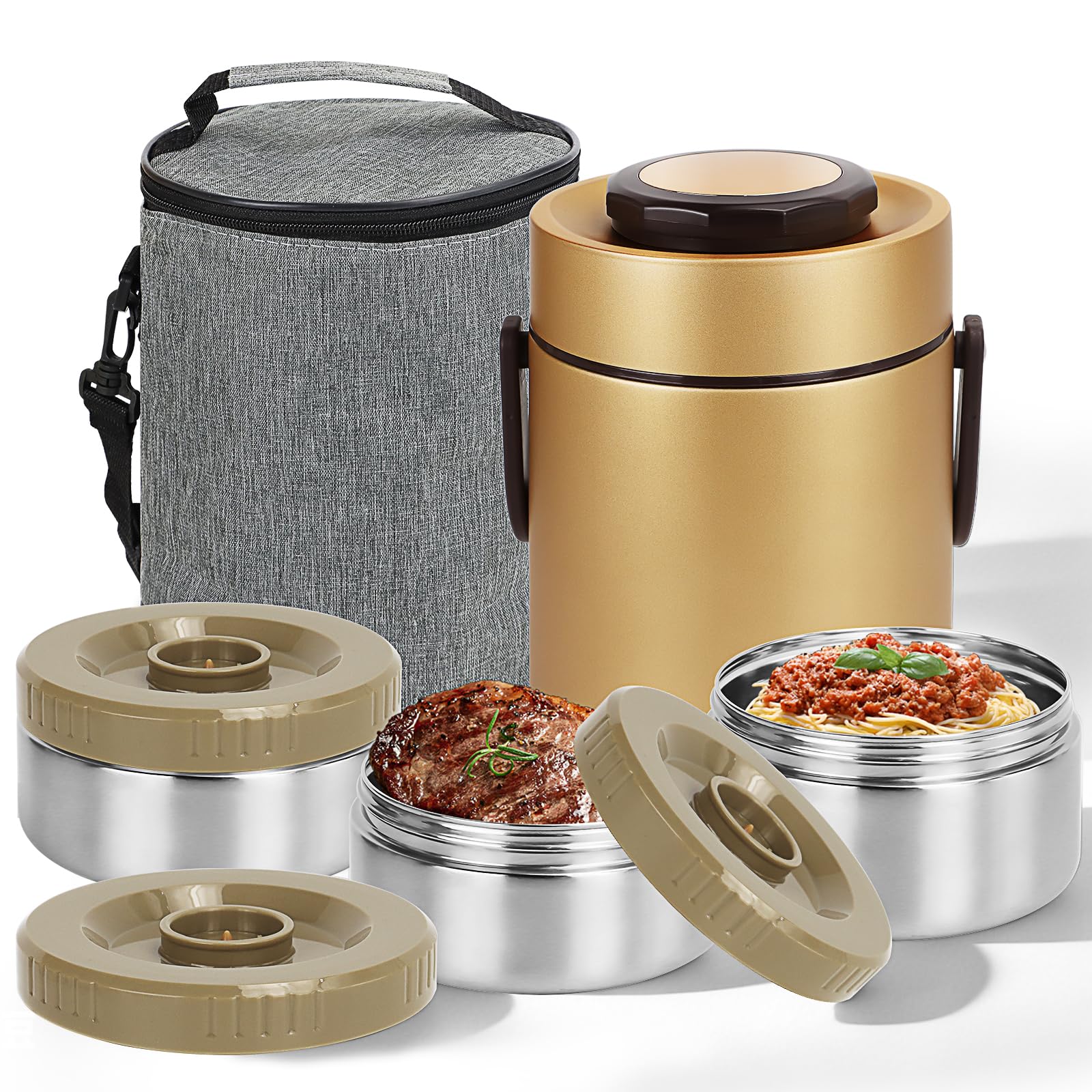 Thermobehälter Essen 2L Edelstahl Warmhaltebehälter, 3-lagige Speisen Isolierbehälter, Lunchbox, Auslaufsicherer Speisebehälter mit Tragetasche für Erwachsene Schule Arbeiten & Unterwegs, Gold