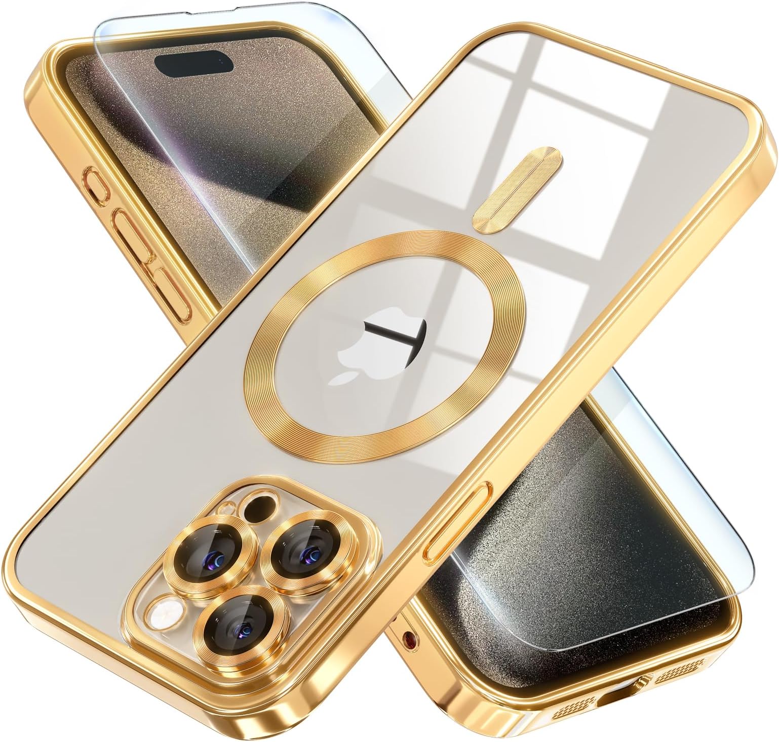 Misea Magnetic for iPhone 15 Pro Max Case with MagSafe [Never Yellowing] [Military Grade Drop Protection] Full Camera Lens Protector Plating Soft Clear Phone Case for Women Girls, Gold