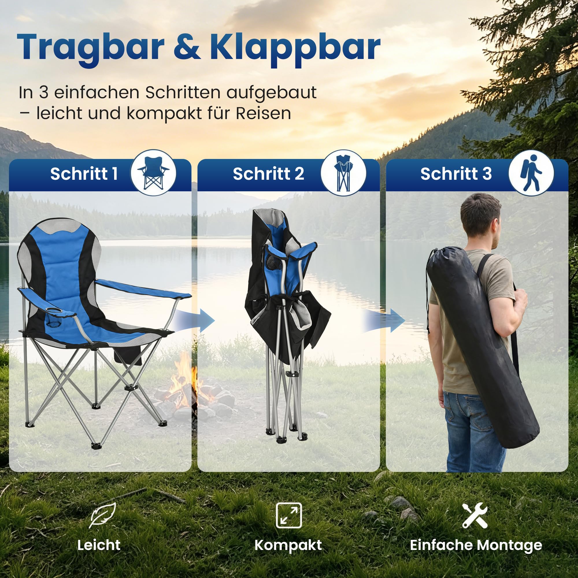 ROPODA Campingstuhl Faltbar, Klappstuhl Camping 150kg mit Hoher Rückenlehne, Armlehnen, Getränkehalter & Seitentasche, Gepolsterter Camping Stuhl für Outdoor, Garten, Angeln, Strand, Blau