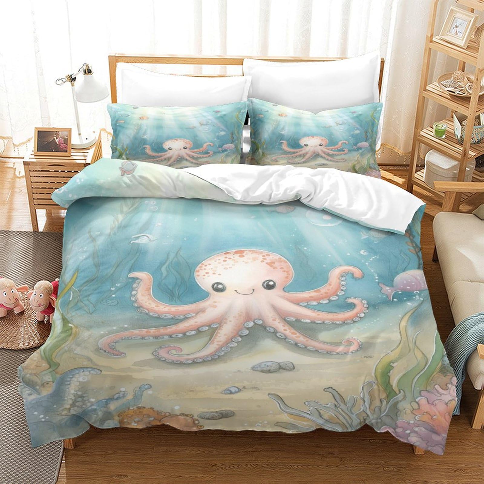 Housse de couette pieuvre 3D 140x200cm avec 2 taies d'oreiller