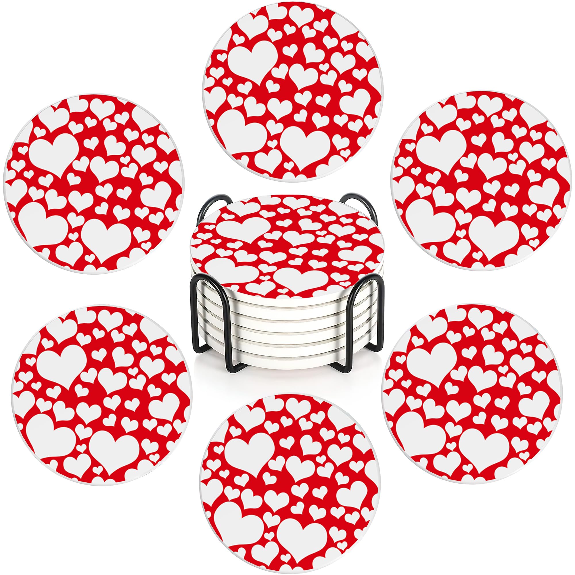 Red Heart Love Set of 6 Absorbent Ceramic Coasters with Cork Base & Holder,10cm Round Drink Mats for Mugs, Wine Glasses - Spill Protection for Wood/Glass Tables