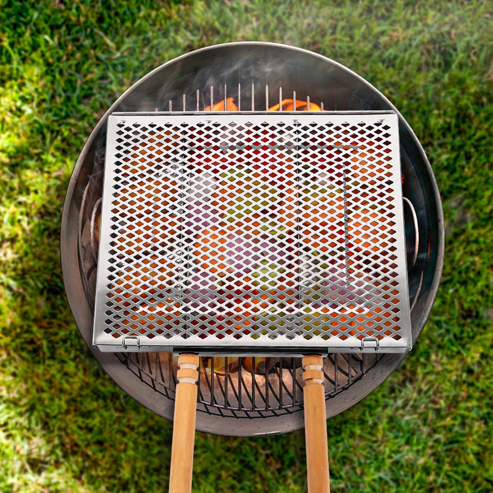 Focket Cestini per grigliate all'aperto, cestello per grigliate in acciaio inox con manico e divisori rimovibili, cestello per grigliates di pesce per verdure, gamberetti, bistecche (doppia maniglia)