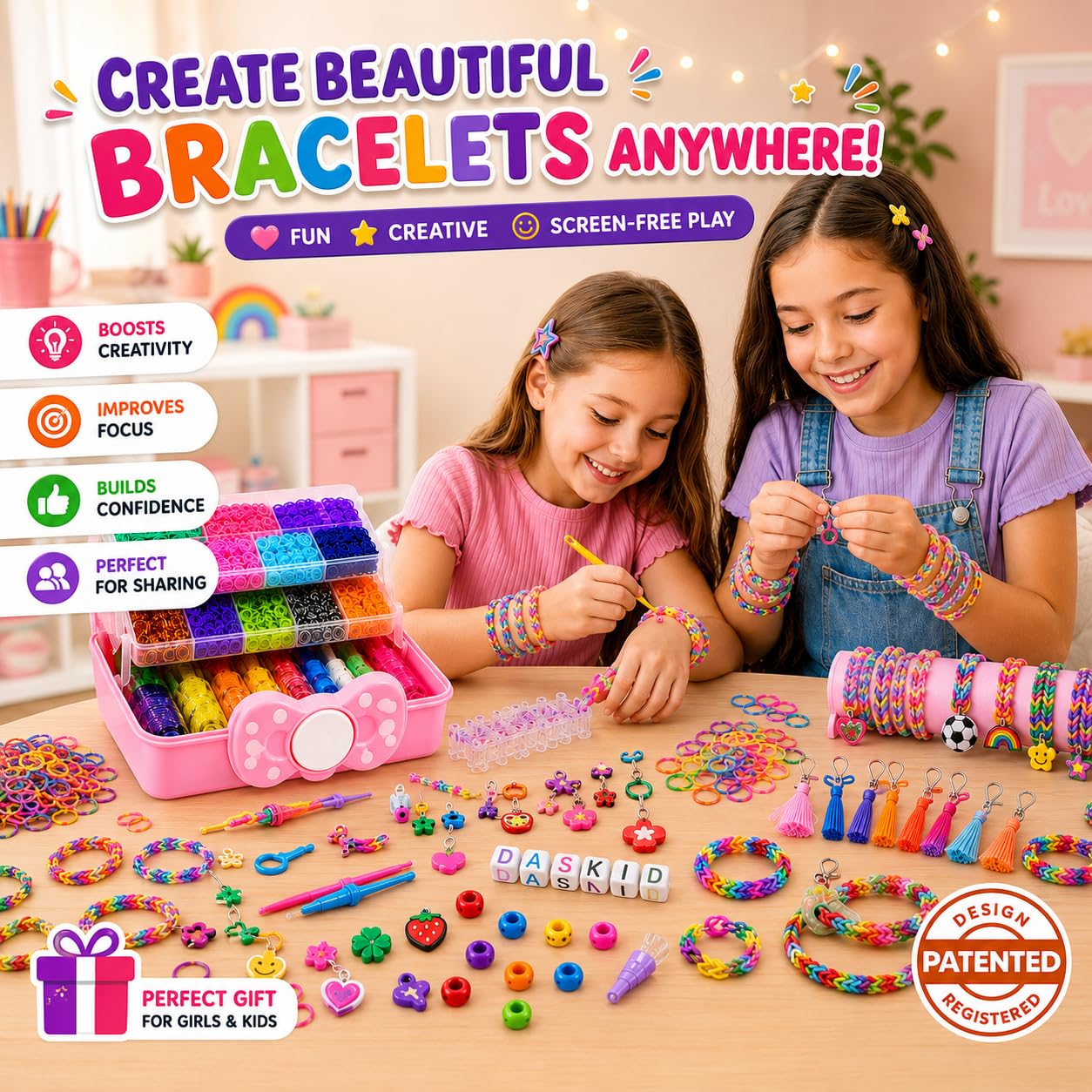 DasKid Kit de más de 17,000 bandas de telar, 32 colores vibrantes con calcomanías, tablero, cuentas del alfabeto, ganchos en S y llaveros, kit de manualidades en caja de almacenamiento rosa, regalo