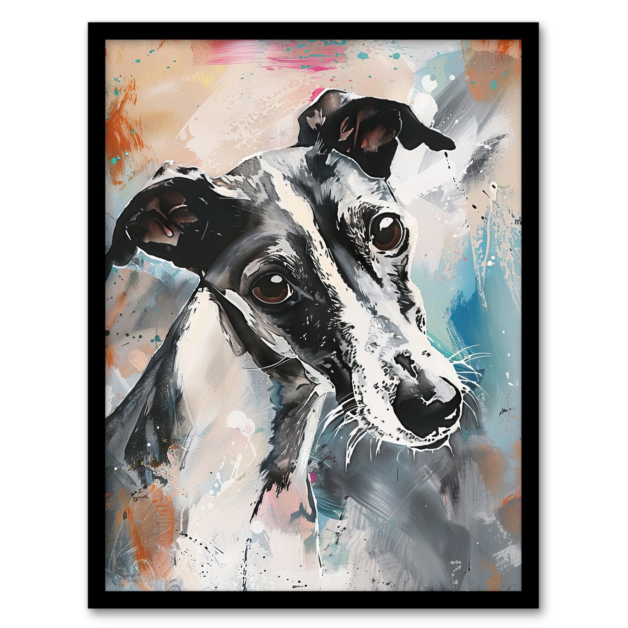 Artery8 Cute Greyhound Whippet Dog Lover Pet Portrait Living Room Artwork Framed Wall Art Print 18X24 Inch