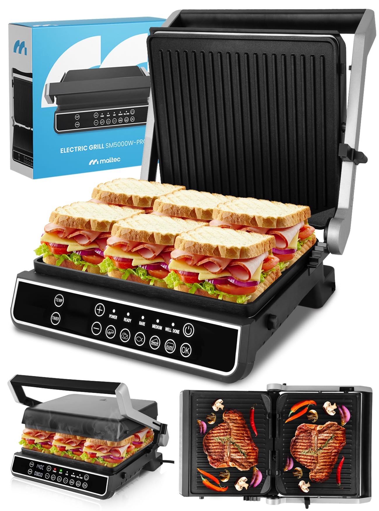 MalTec Grill kontaktowy z tacką na ścinki, SM5000W-PRO grill elektryczny 2500 W, opiekacz do kanapek Panini, 3 stopnie smażenia, 5 programów, zdejmowane płyty