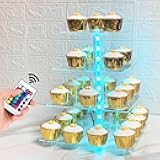 Cupcake Stand Acrylic 4 Tier Tower Display Cupcake Cake Stand with Remote LED Light,Multiple Color Changing Modes,Transparency Serving Tray for Any Parties Events(Standard Size)