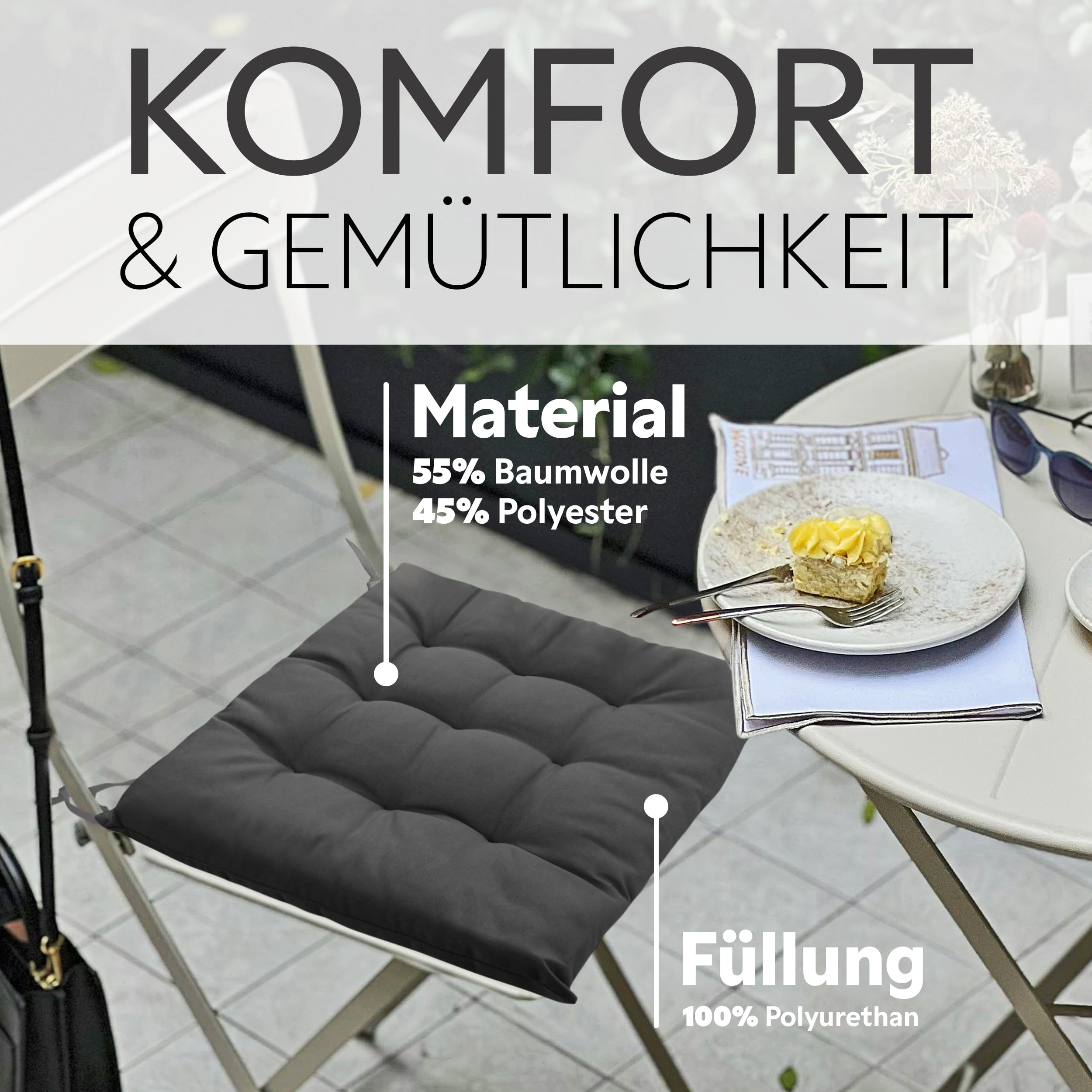 Brandsseller 6er Set Stuhlkissen 40x40x5 cm Sitzkissen Polster Stuhlauflage mit Haltebändern Dekokissen für Indoor Outdoor gesteppt - Anthrazit