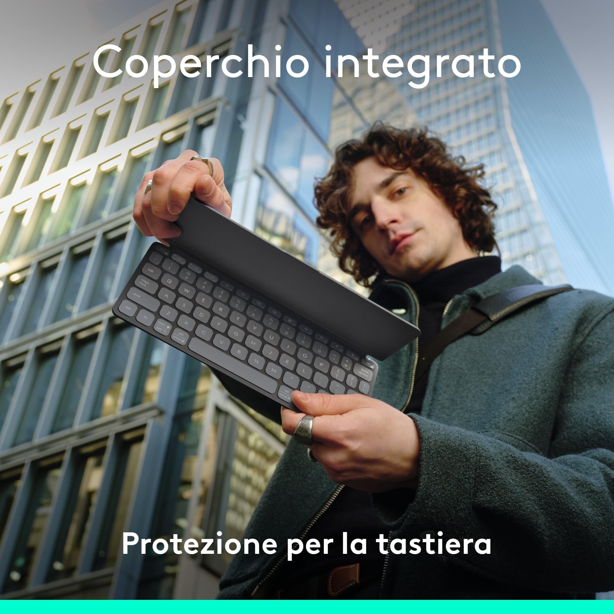 Logitech Keys-To-Go 2, tastiera Bluetooth portatile per tablet (Grafite) | Coperchio integrato, wireless, sottile, compatta per Windows, Android, Linux, iPad, iPhone, Mac, Apple TV, QWERTY ITA