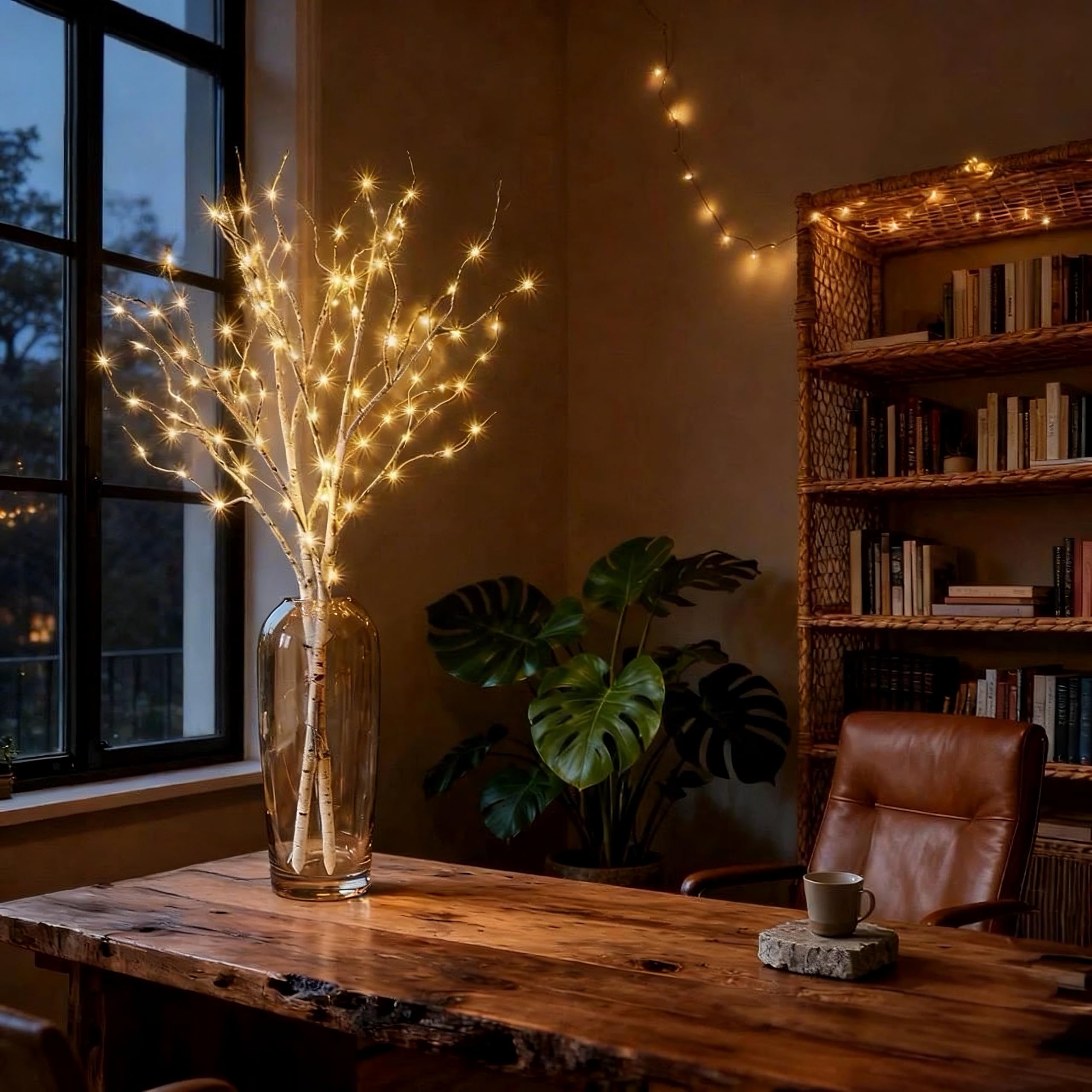 HipTree Beleuchtete Birkenzweige 81,3 cm, 100 LEDs, warmweiß, 2 Stück, batteriebetrieben mit 6-Stunden-Timer, IP44 wasserdicht, flexible KD-Zweiglichter für drinnen und draußen, Weihnachtsdekoration