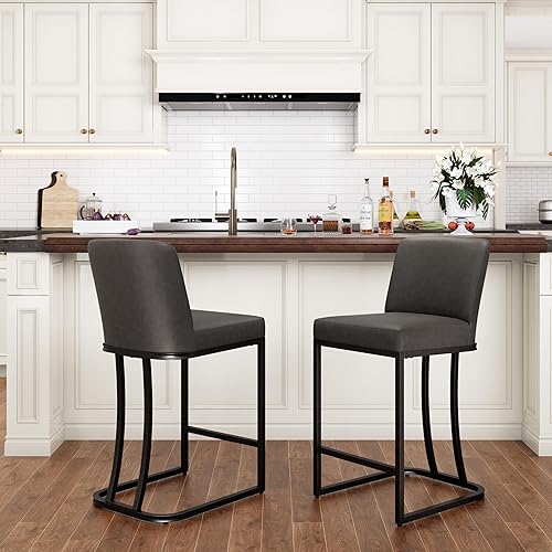 Miniatura 10 de PHI VILLA Juego de 4 taburetes de bar gris claro, sillas de altura de mostrador de piel sintética, taburetes de cocina para isla, taburetes de bar