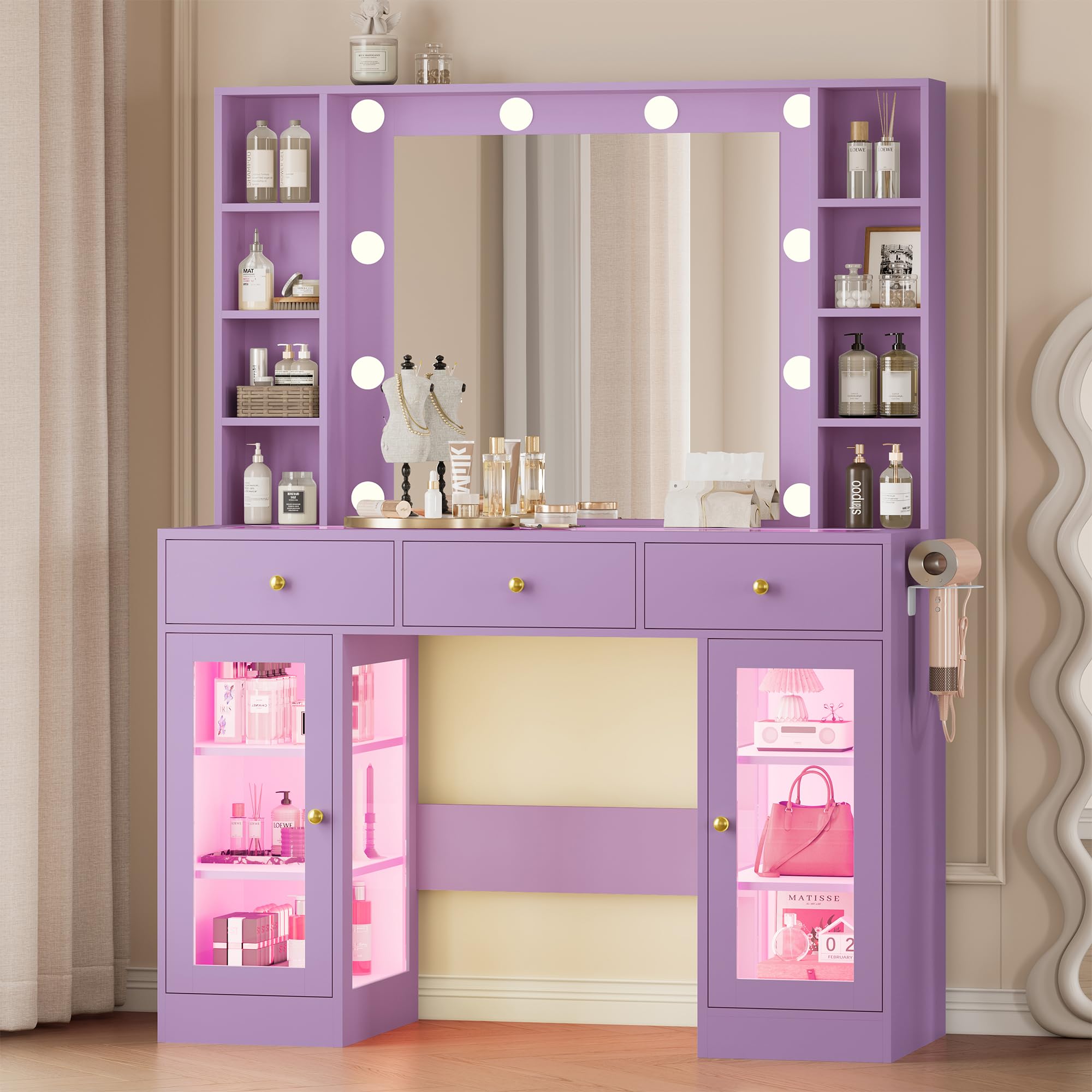 Wodeer Makeup Vanity Desk with Mirror and Lights, Purple Vanity with Glass Top, LED Lights &amp; Power Outlet, 3 Drawers &amp; 2 RGB Glass Cabinets, Adjustable Lighted Dressing Table for Women &amp; Girls Bedroom