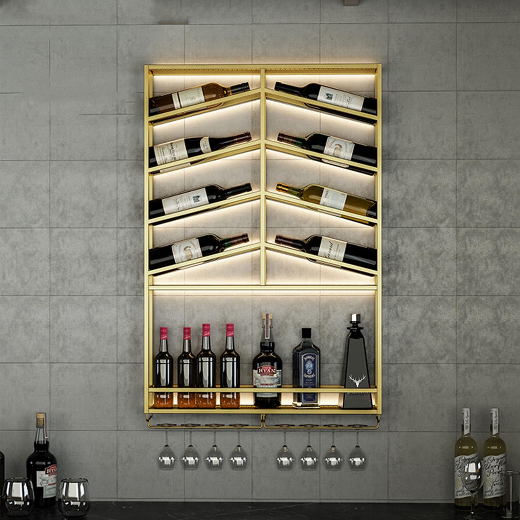 Bar Wijnrek Wandmontage Met Wijnglashouder, Drijvende Bar Planken, IJzeren Drank Plank, Metalen Bar Plank, Muur Wijnglas Rack, Opknoping Wijnopslag Rekken, Voor Thuis Keuken Wijnkelder, Goud/Bla