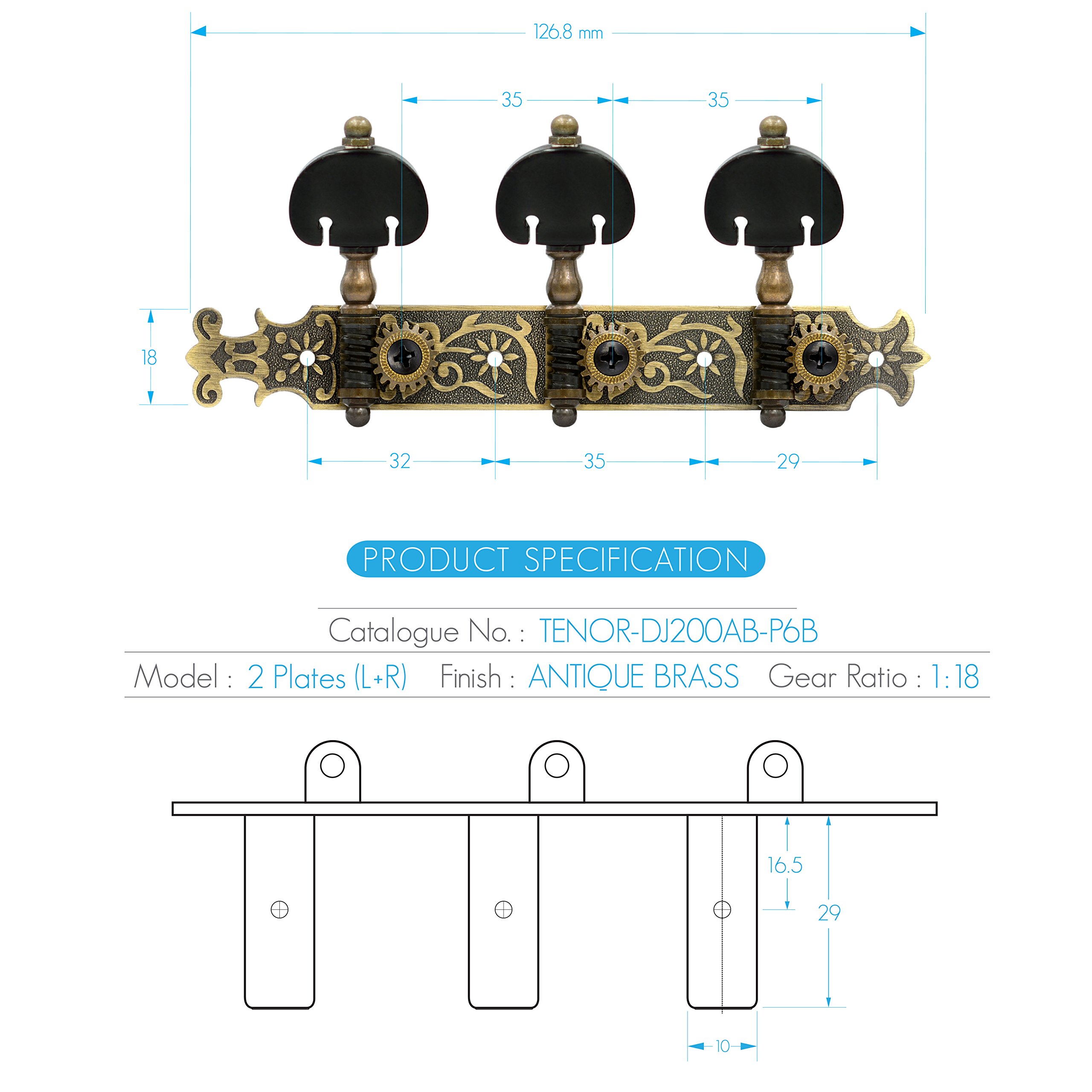 DJ200AB-P6B Tenor Accordatori per chitarra classica professionale accordatura pioli/meccaniche per chitarra classica o flamenco in ottone anticato.