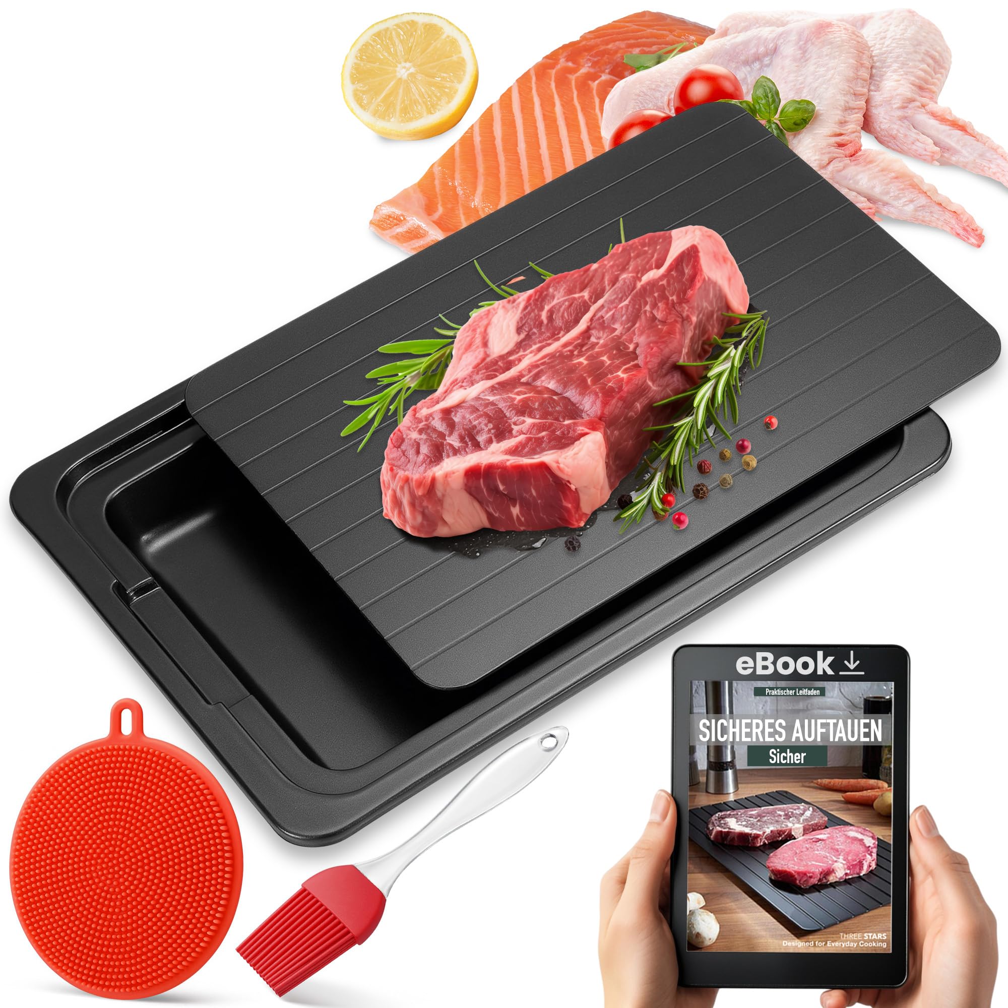 Schnellauftauplatte für Lebensmittel Aluminium Tablett 35,5 x 20,5 x 0,2 cm - Platte für Fleisch + Fisch + Hühnchen mit Zubehör + Silikonbürste und Pinsel - Hygienisch + Wiederverwendbar | 3-Stars