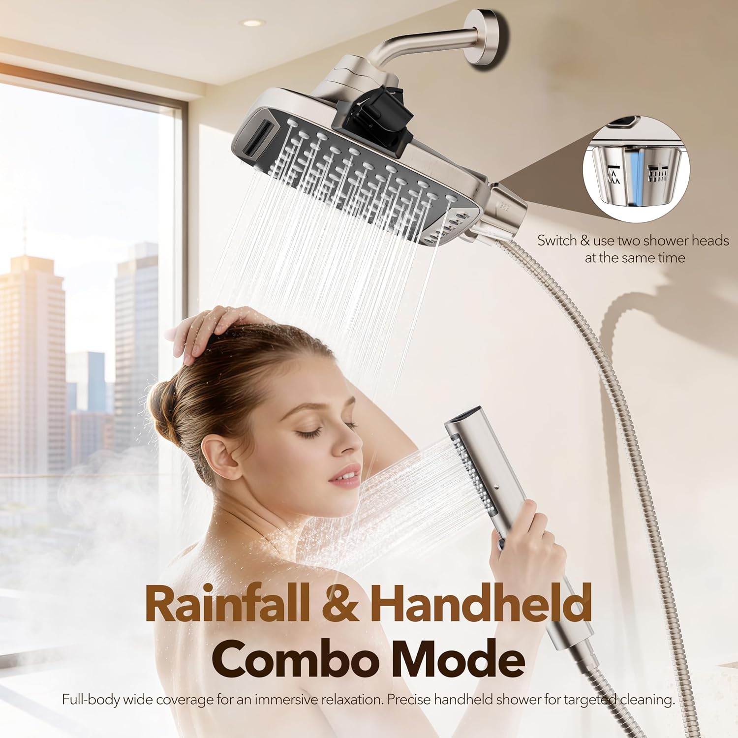 JDO High Pressure Rain Shower Head with Handheld Spray Brushed Nickel image 4