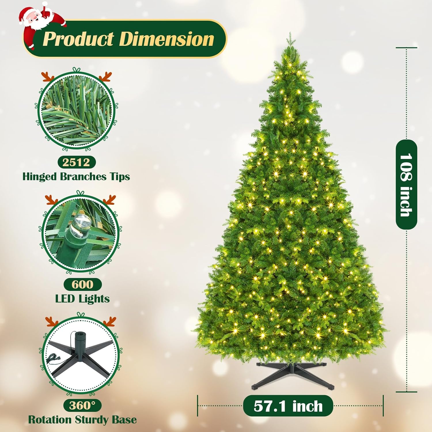 Larkvue Prelit 9FT Rotating Artificial Christmas Tree with 10 Light & Music Modes & Remote, 2512 Branches 600 LEDs PE/PVC Green Xmas Tree Decor