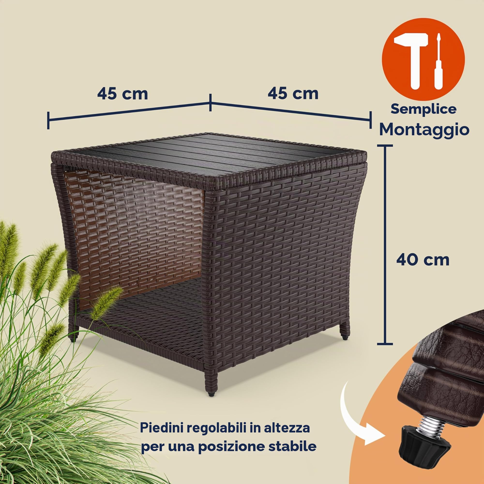 Casaria Tavolino in Polyrattan WPC 45x45x40cm Altezza regolabile Tavolo Basso da Giardino