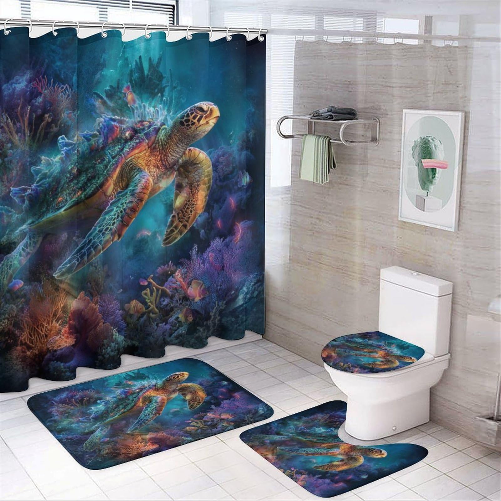 Luyysky Fantasy Nautical Turtle Shower Curtain Decor Set,Colorful Underwater Ocean Tropical Fish Coral Sea Turtle Bathroom Decor Sets With Rugs,Bathroom Shower Curtain Set