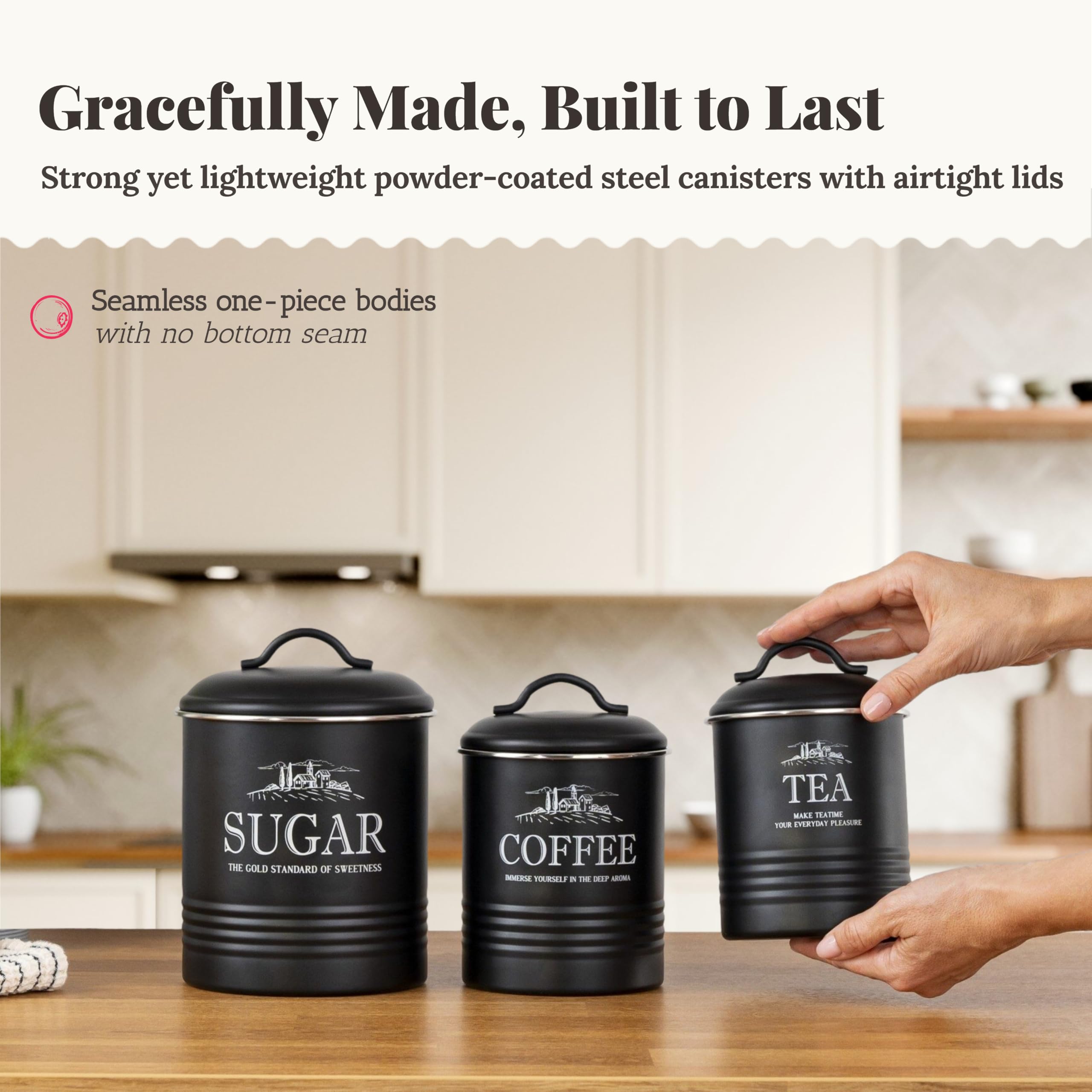 noonberry Lot de 3 boîtes de cuisine noires mates pour comptoir – Ensemble de récipients hermétiques pour café, thé, sucre – Ensembles de boîtes rustiques pour la cuisine