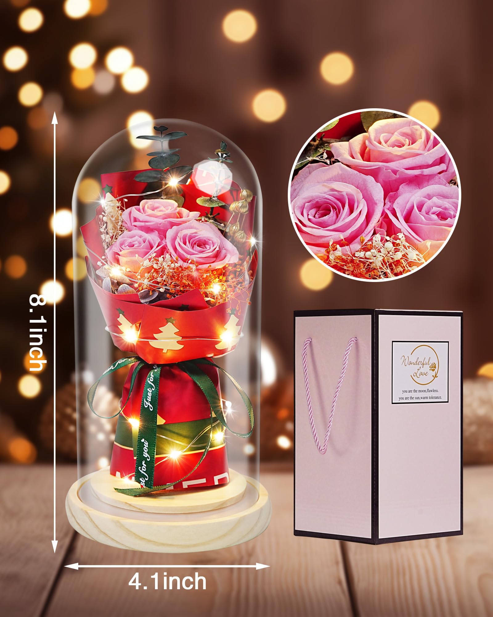 HVY Fleurs préservées en verre pour elle, bouquet de roses véritables roses avec lumière LED, rose éternelle pour femme, épouse, maman, grand-mère comme anniversaire, Noël, Saint-Valentin, fête des