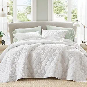 Comfort Spaces Queen Quilt Set Modern Reversible Ogee Coverlet Queen Bedding Set Cozy Quilted Winter Layer, All Season Lightweight Soft Queen Size Quilt, Kienna, Full/Queen White Ogee 3 Piece