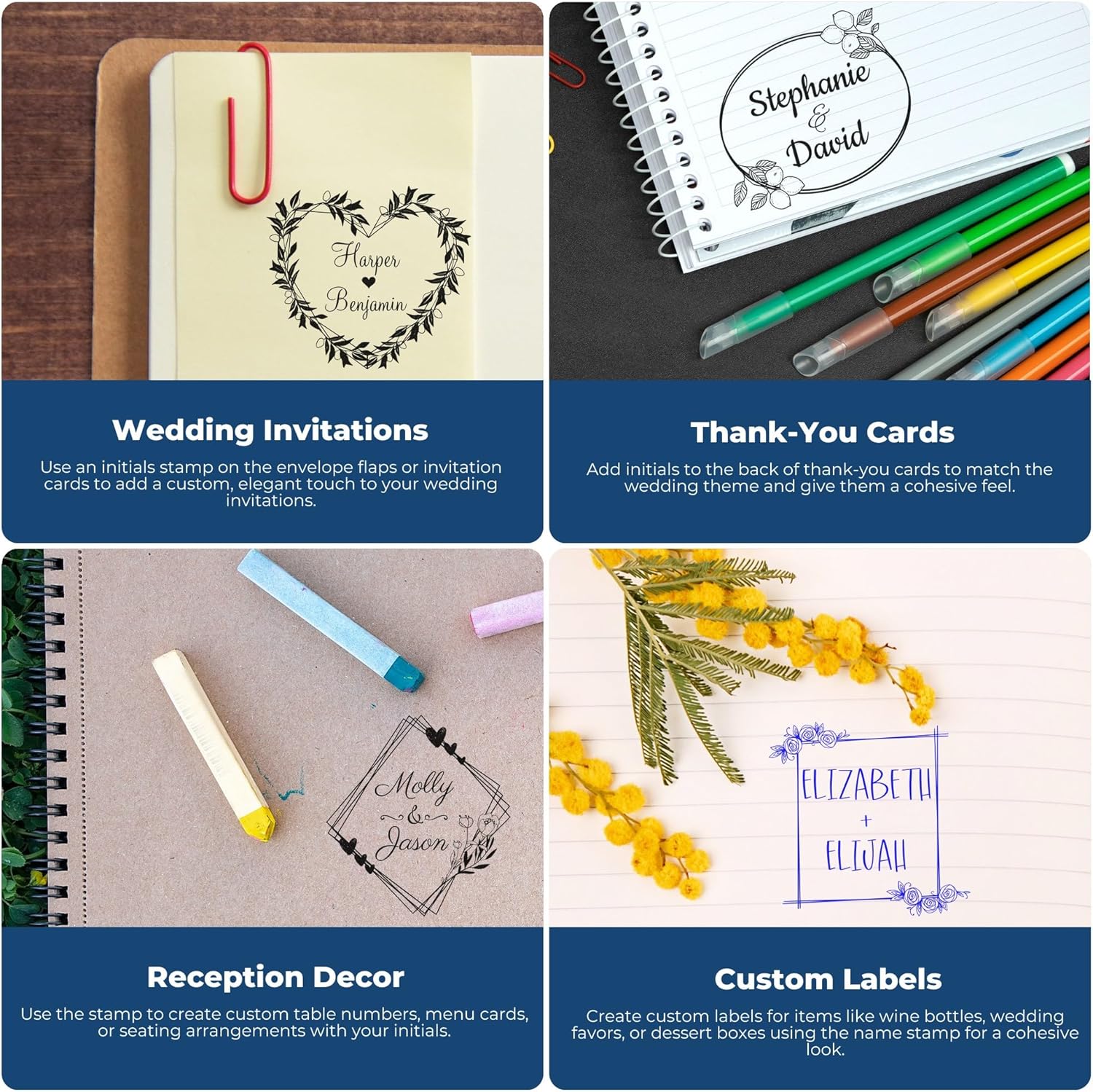Personalized Wedding Stamp | Elegant Floral Custom Initial Self-Inking Stamper for Wedding Favors & Invitations | 1-5/8" Square Couples' Name Stamper by Lemon Love Seal | Wedding Stationery Seal