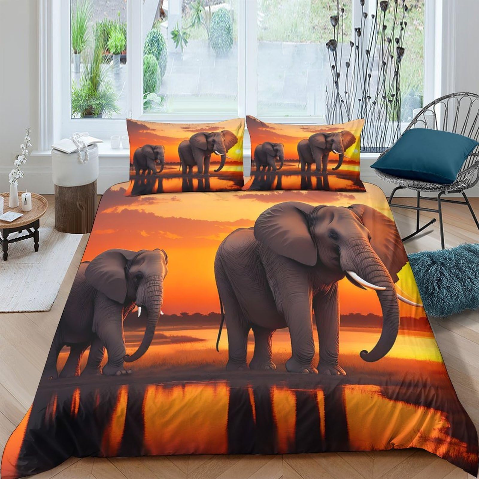 GPLZQXKJNH 3D Printed Elephant Sunset Duvet Cover Microfiber Soft Breathable African Wildlife Bedding Set with 2 Pillowcases for Bedroom Decor Single（135x200cm）