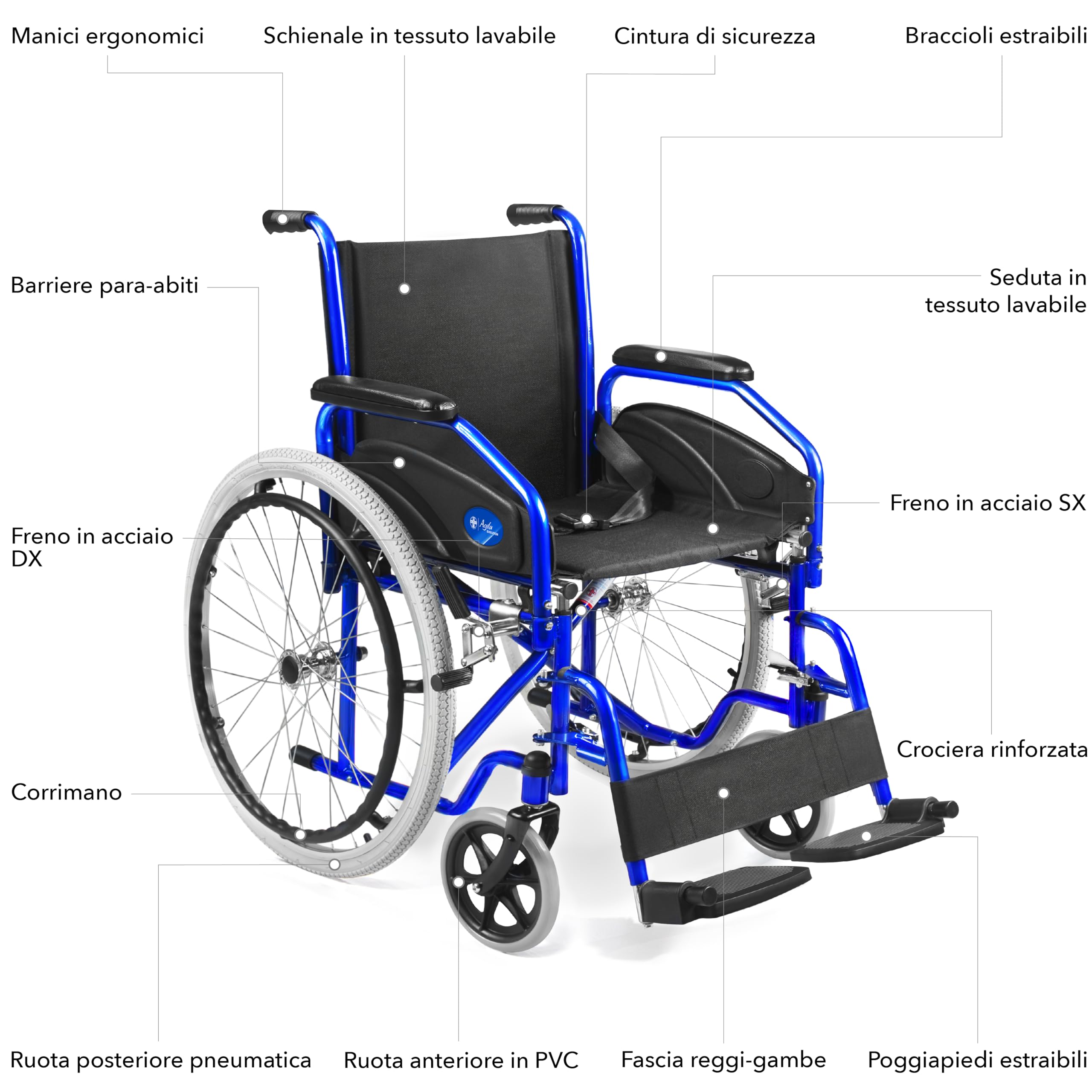 AIESI® Sedia a Rotelle pieghevole leggera ad autospinta per disabili ed anziani AGILA EVOLUTION, Braccioli e Poggiapiedi estraibili, Cintura di sicurezza, Pompa di gonfiaggio, Garanzia Italia 24 mesi
