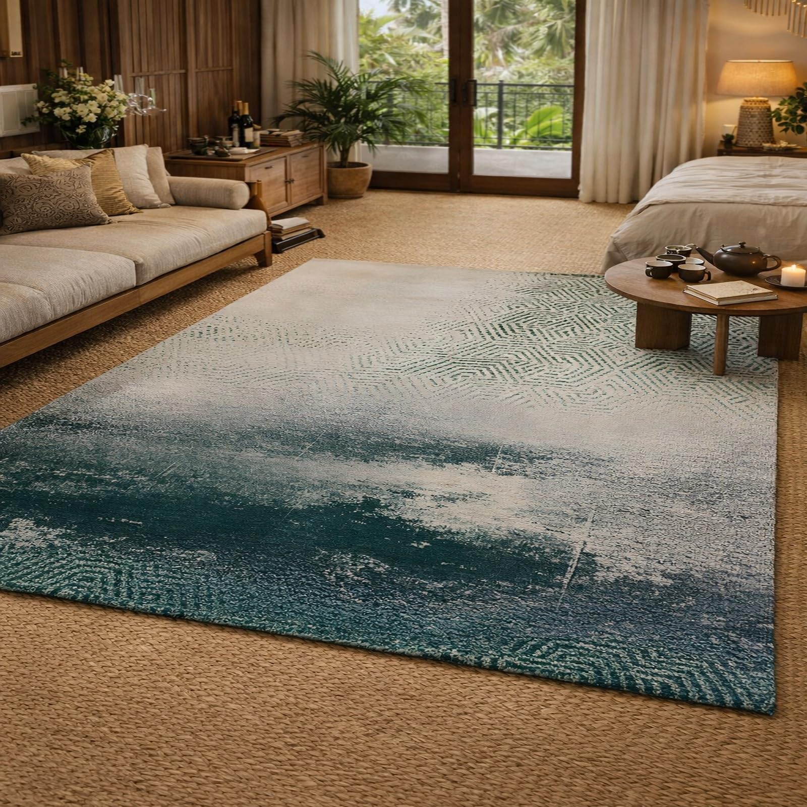 Tapis de salon geometric abstract modern green lavable et antidérapant