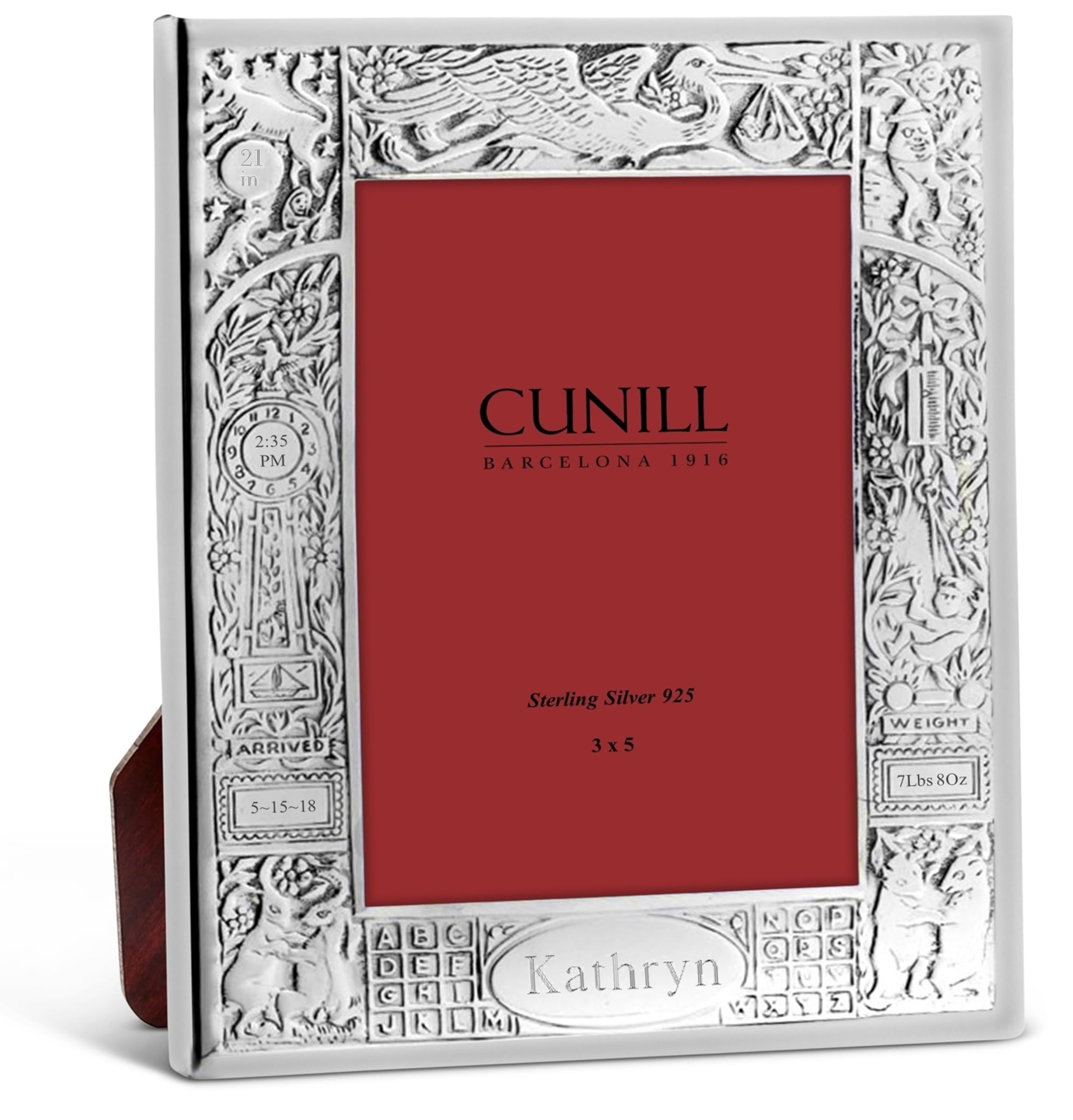 Cunill Baby Record Frame - Personalized Sterling Silver Stork Themed Birth Frame, Engraved Details, Custom Box, Mahogany Wood Back, Fits 3x5 Photo