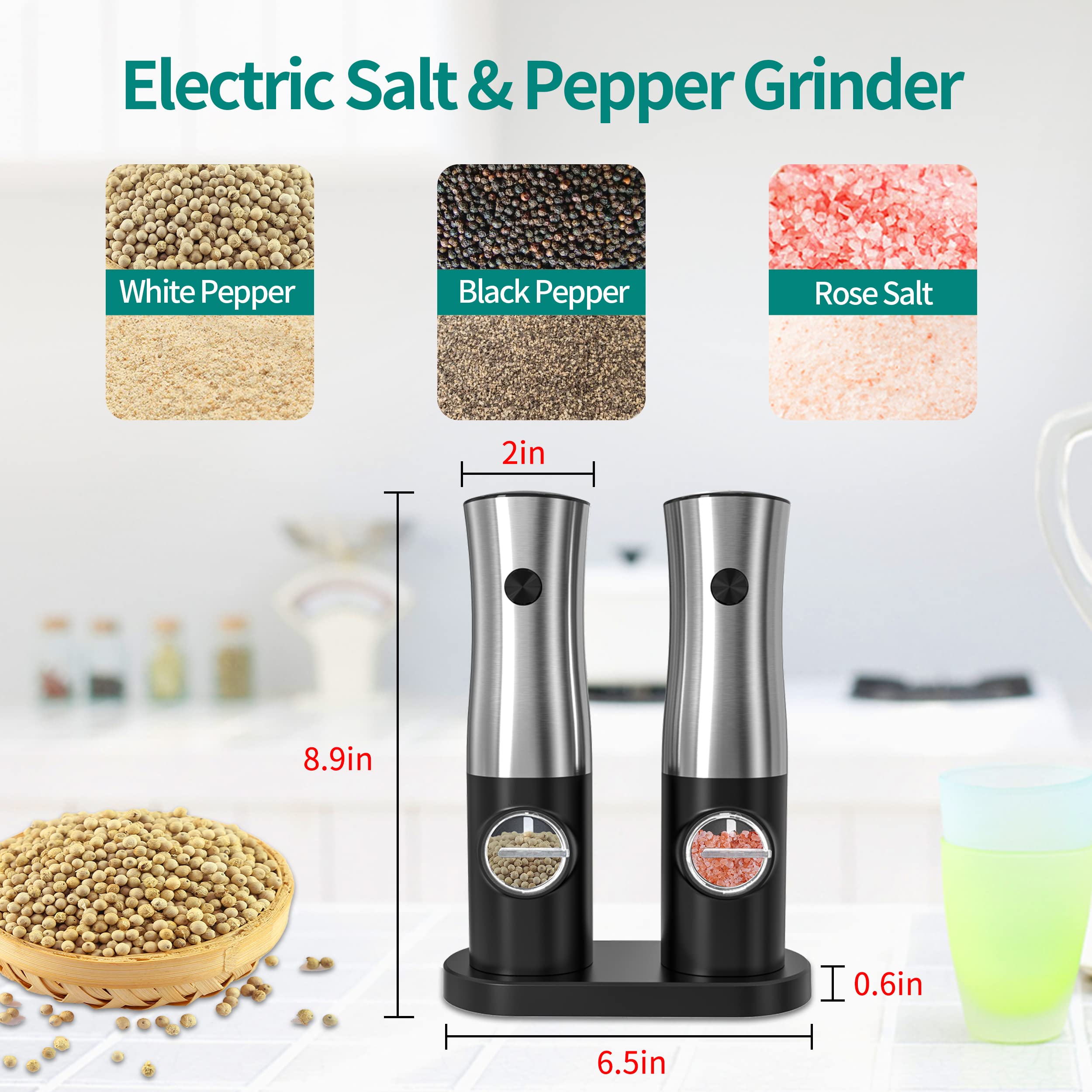 Salz und Pfeffer Mühle Elektrisch 2er Set aus Edelstahl mit einstellbarem Keramik-Mahlwerk, Gewürzmühlenset Automatisch mit Wiederaufladbarer Basis LED-Licht Reinigungspinsel (Schwarz-2 Stück)