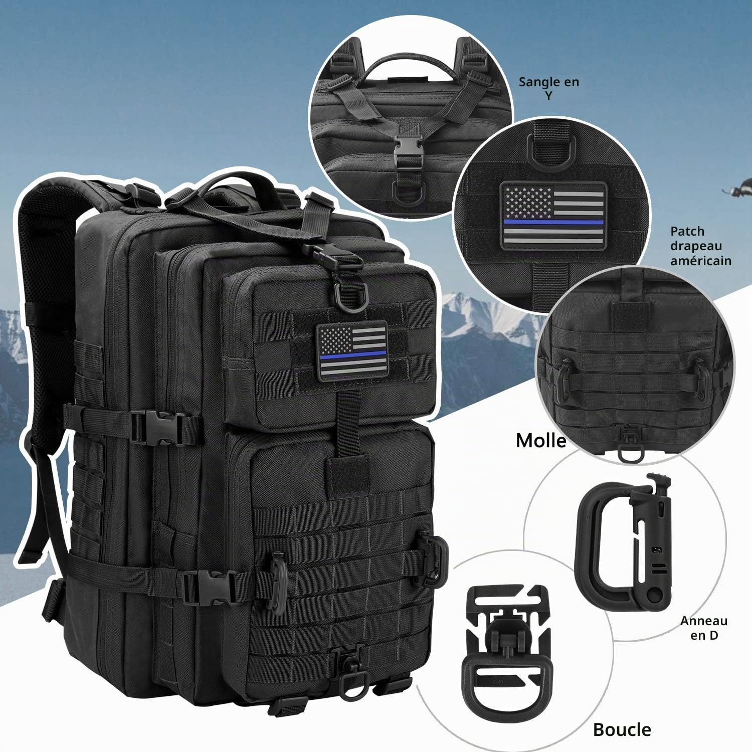Hannibal Tactical Sac à dos Style Tactique Militaire, 40L Grand Volume Sac à Dos Multifonction, pour Randonnée, Alpinisme, Escaladed, École, Mousqueton D Forme Noir